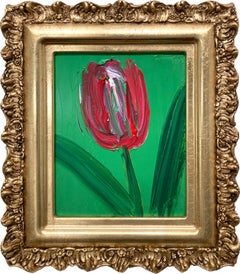 "Untitled" Red and White Tulip on Forest Green Background Oil Painting Framed