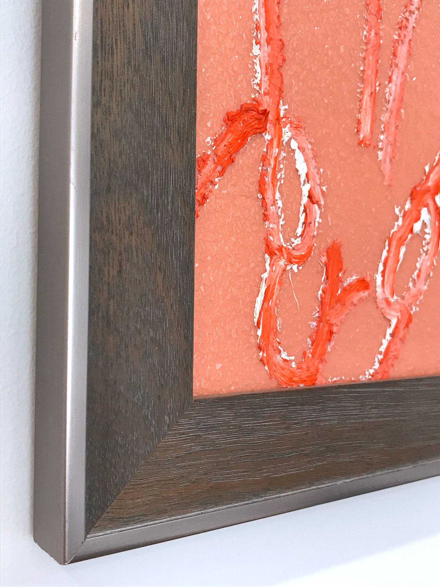 A wonderful composition of one of Slonem's most iconic subjects, Bunnies. This piece depicts a gestural figure of a white and peach bunny on a peach background with thick use of paint and diamond dust. It is housed in a wonderful frame. Inspired by