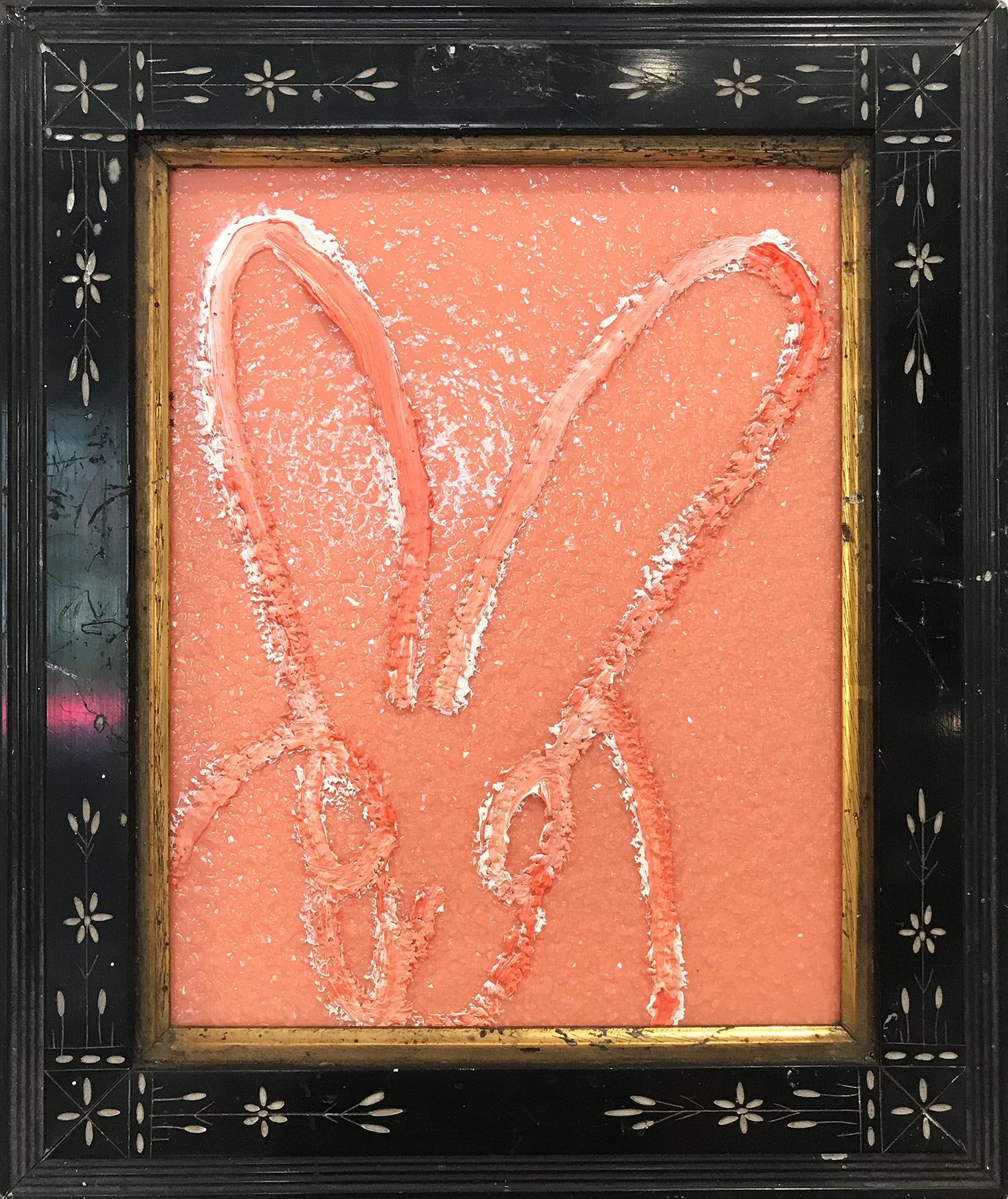 Hunt Slonem Abstract Painting - "Untitled" (Resin and Diamond Dust Bunny on Peach) Oil Painting on Wood Panel