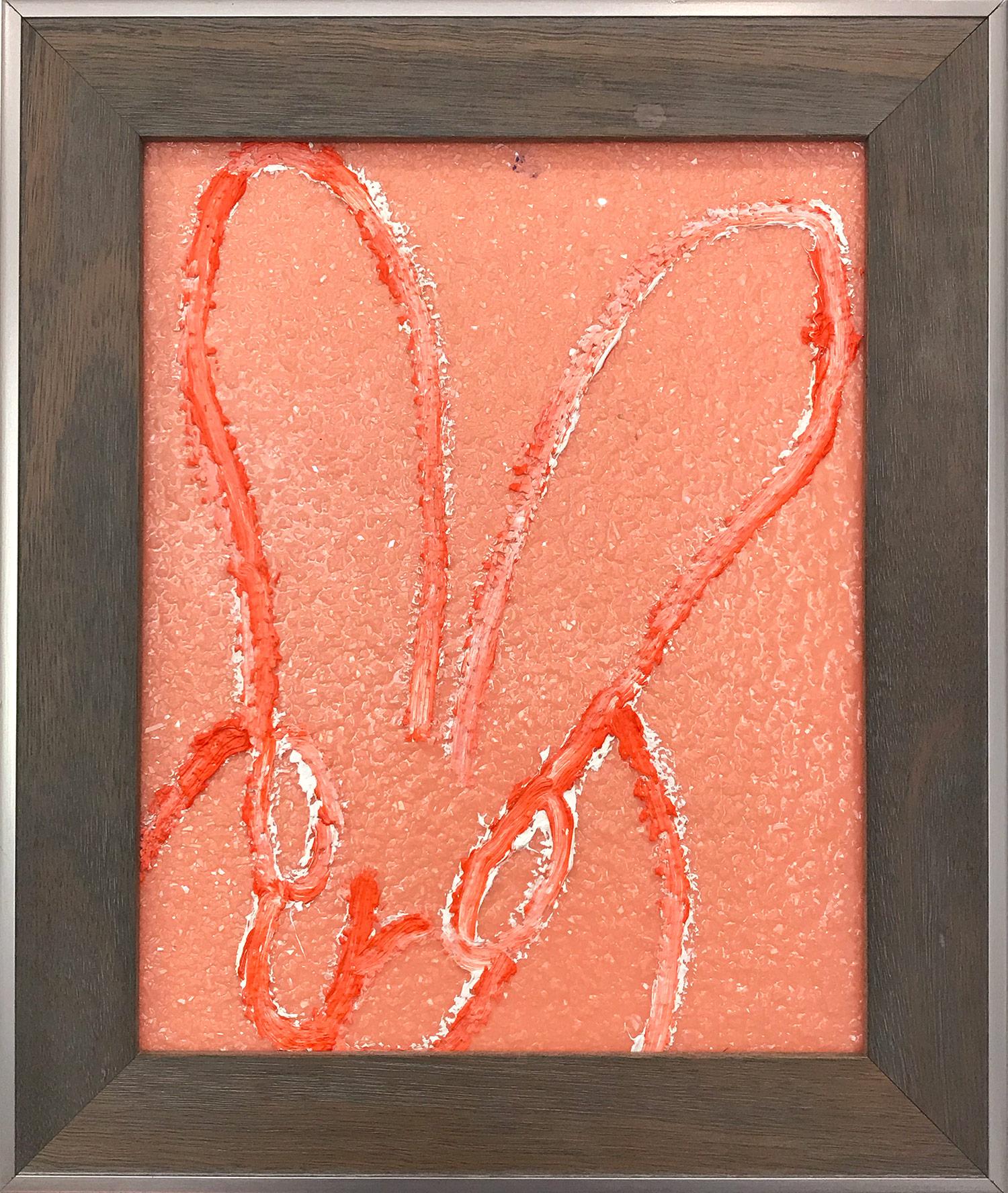 Hunt Slonem Abstract Painting - "Untitled" (Resin and Diamond Dust Bunny on Peach) Oil Painting on Wood Panel