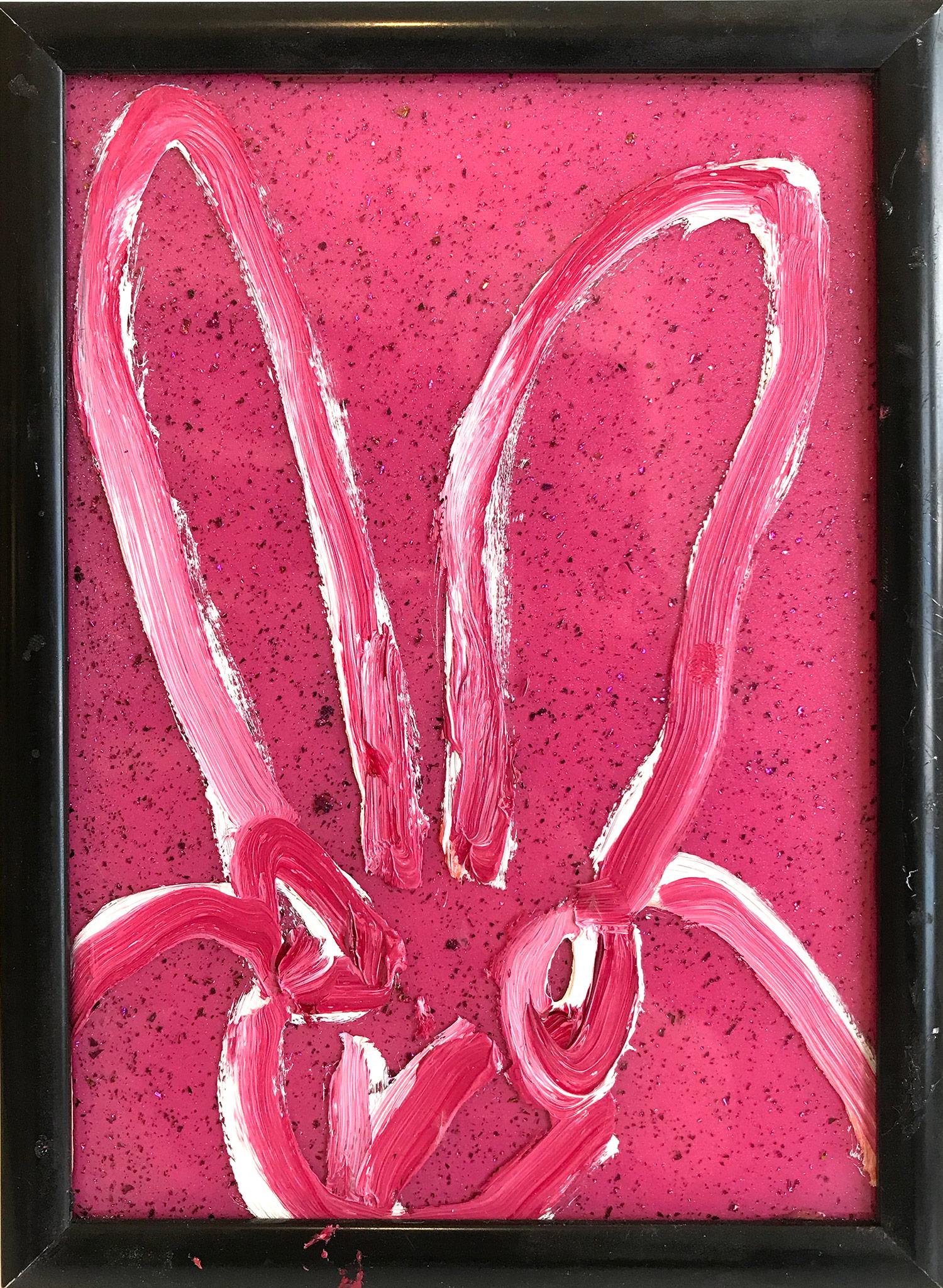 Hunt Slonem Abstract Painting - "Untitled" (Resin and Diamond Dust Bunny on Pink) Oil Painting on Wood Panel