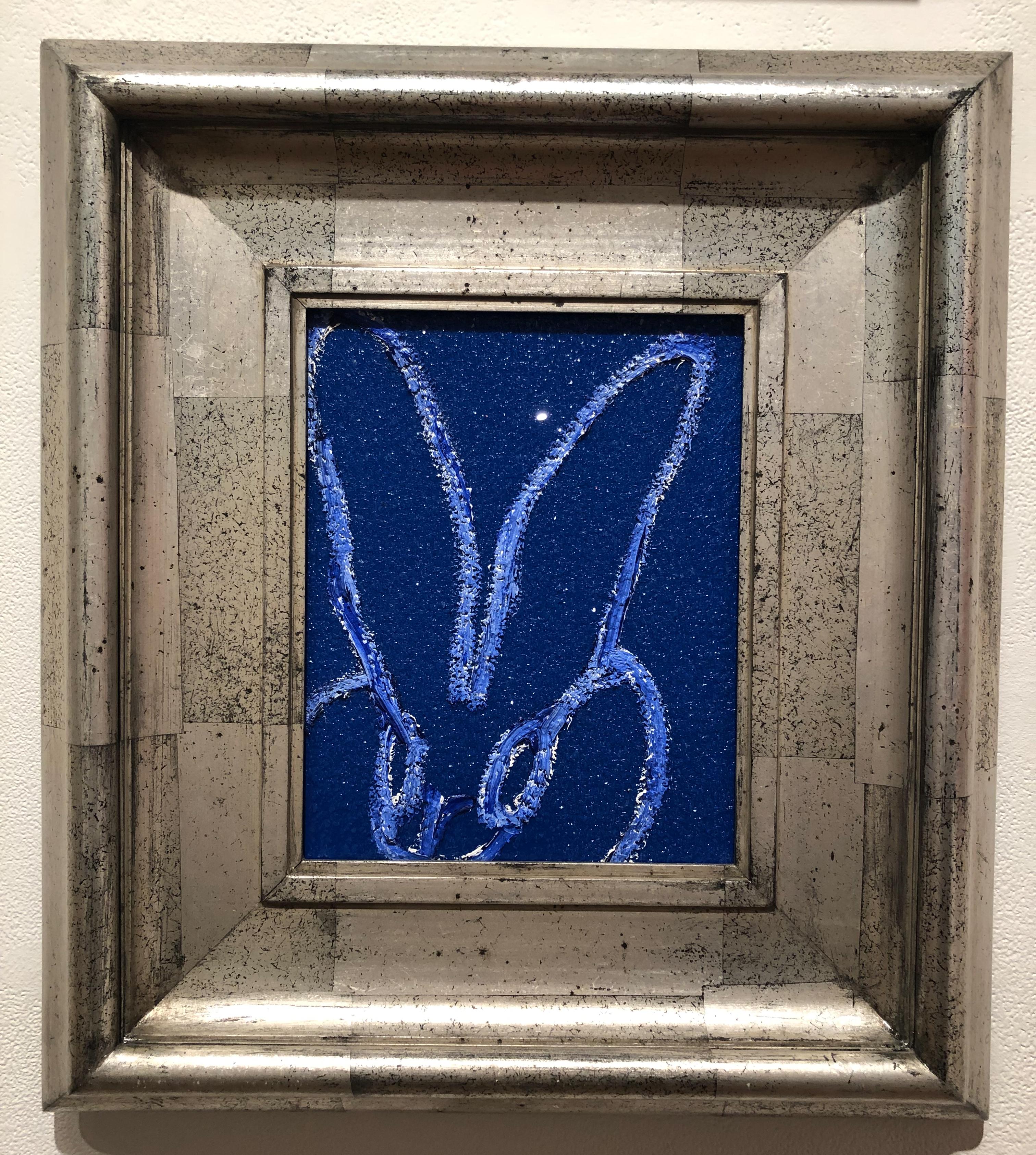 Diamond Dust Bunny Cobalt Blue, Antique Silver Geometric Frame - Painting by Hunt Slonem