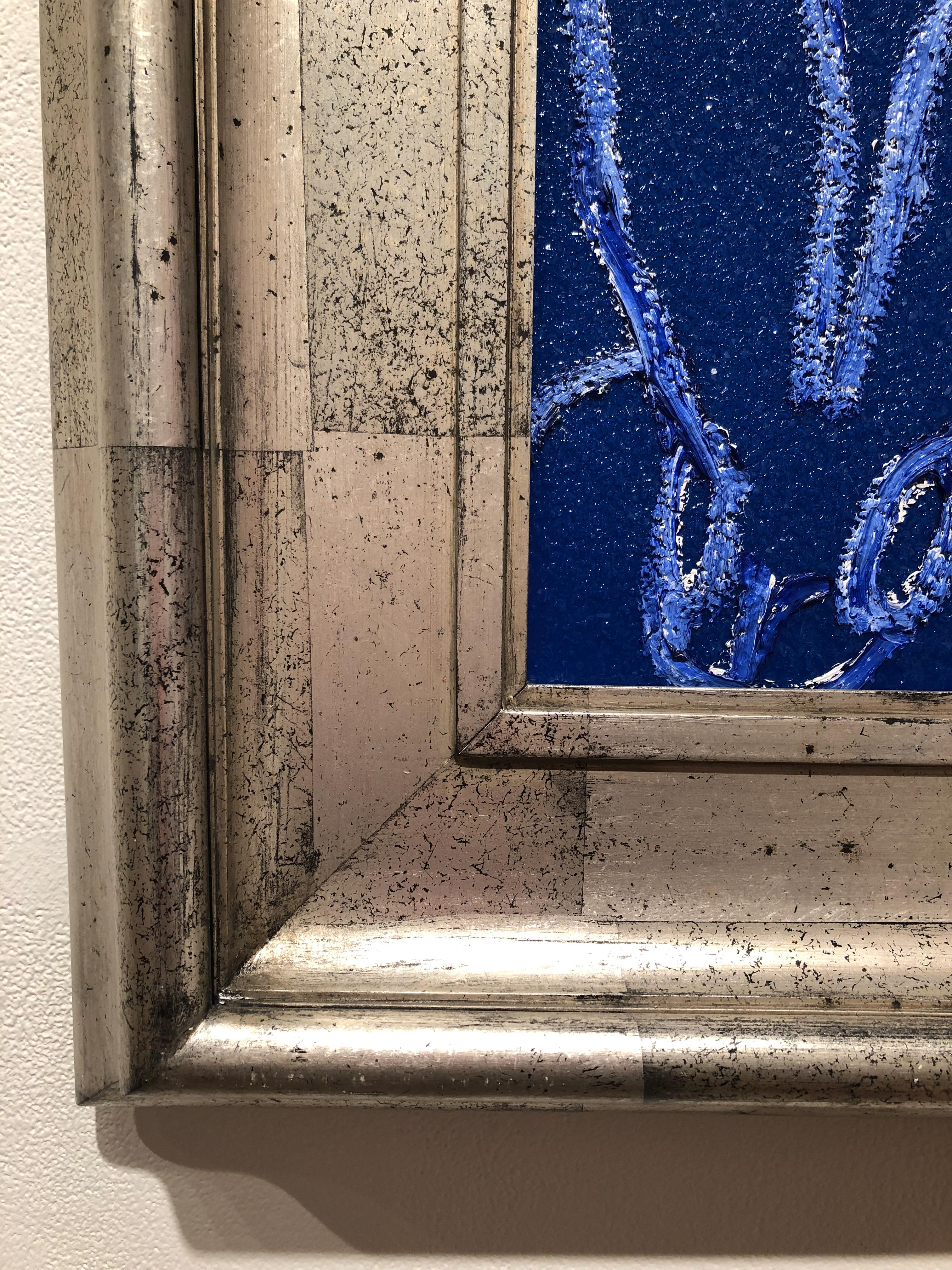 Diamond Dust Bunny Cobalt Blue, Antique Silver Geometric Frame - Neo-Expressionist Painting by Hunt Slonem