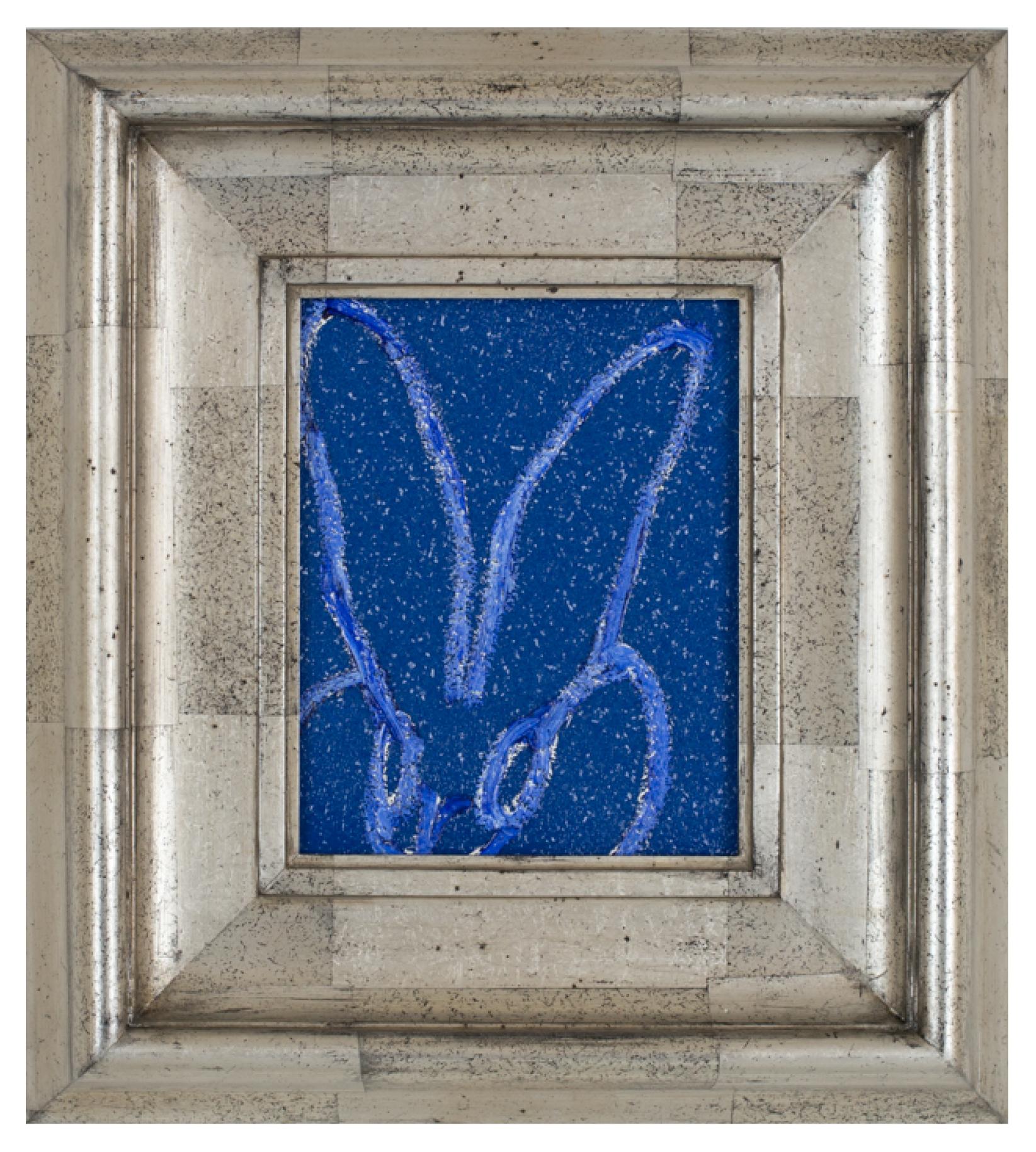 Hunt Slonem Animal Painting - Diamond Dust Bunny Cobalt Blue, Antique Silver Geometric Frame