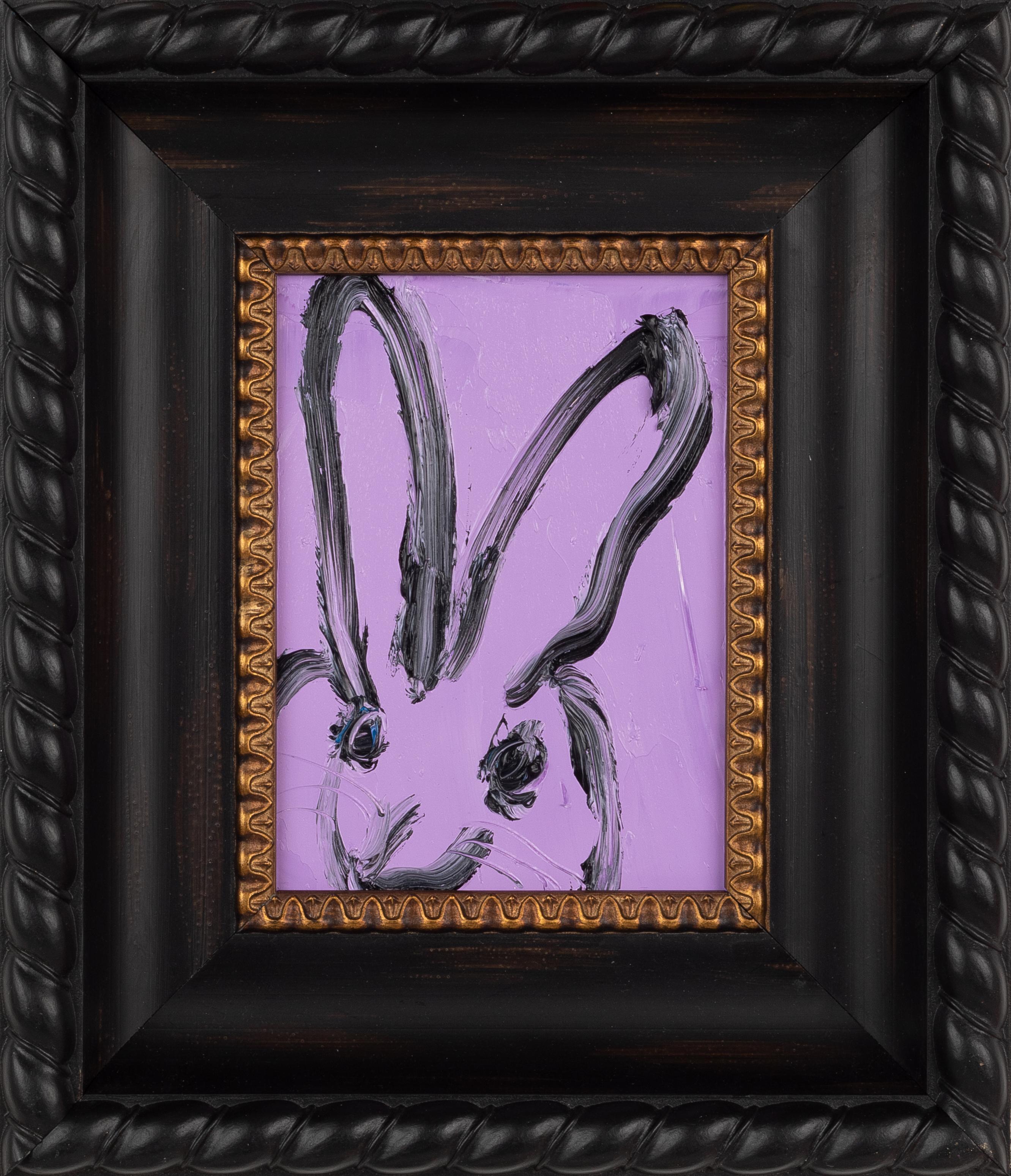This is a wonderful lavender and black gestural bunny by Hunt Slonem. 
The dimensions listed include the frame. The painting dimensions are 8 x 6 inches
New York painter, Hunt Slonem is best known for his Neo –Expressionist paintings of bunnies,