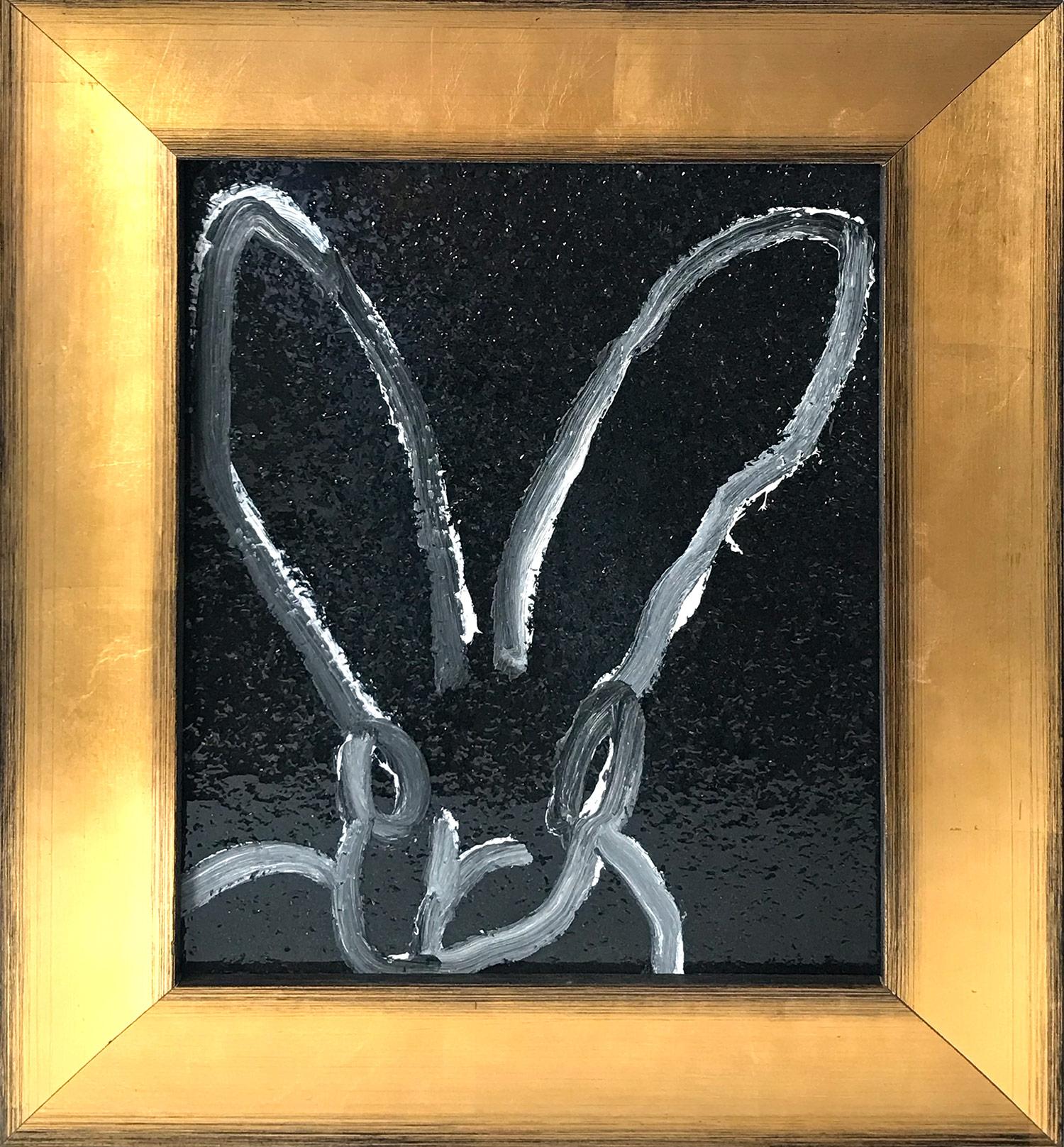 "Untitled" (White Bunny on Black Diamond Dust) Oil Painting on Wood Panel