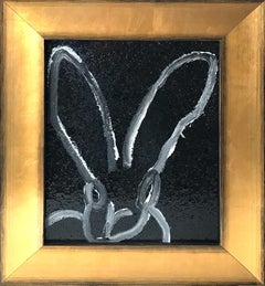 "Untitled" White Bunny on Black Diamond Dust Oil Painting on Wood Panel
