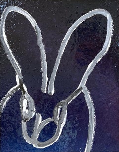"Untitled" White Outline Bunny Black Background Diamond Dust Oil Painting Framed