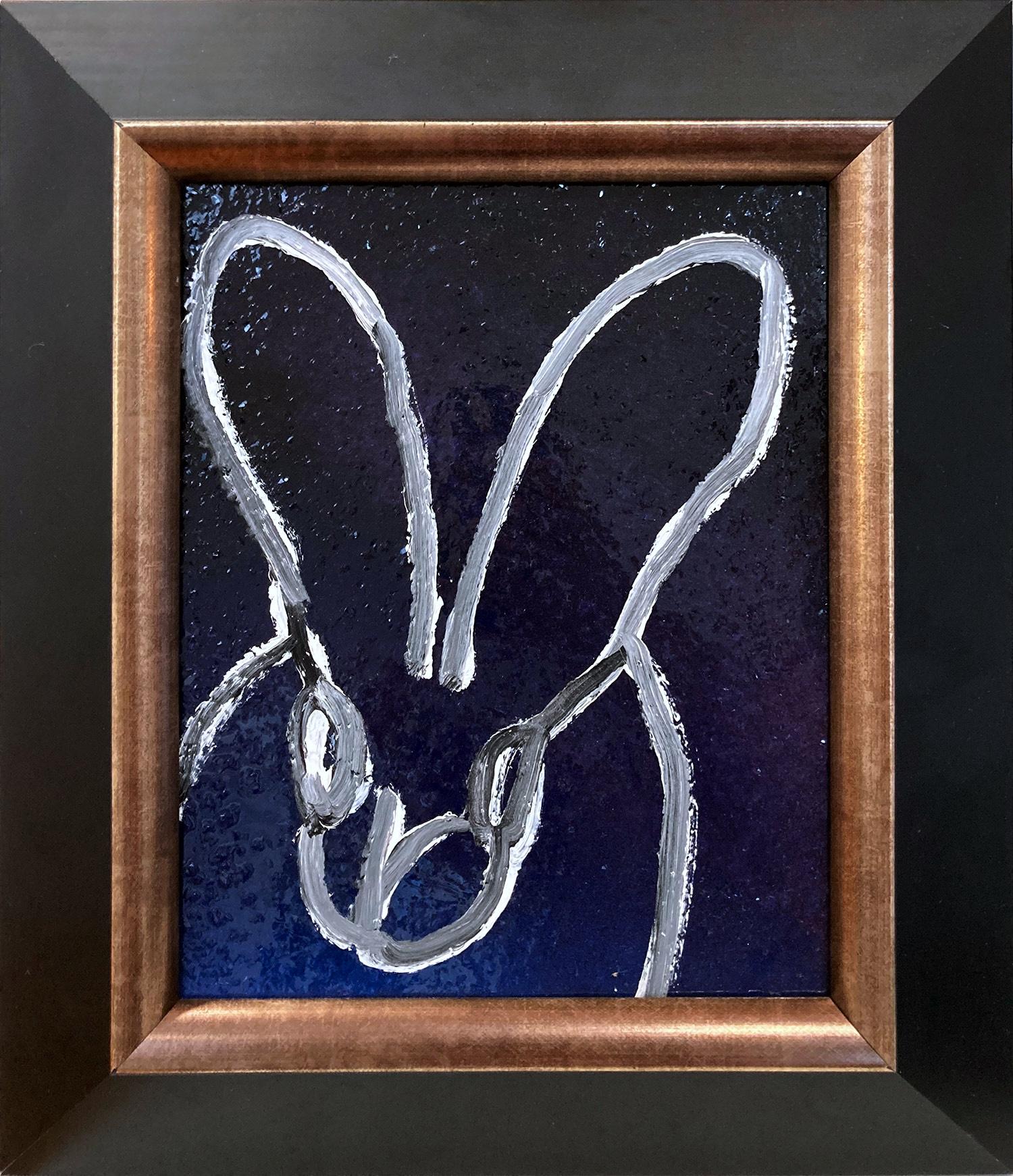 Hunt Slonem Animal Painting - "Untitled" White Outline Bunny Black Background Diamond Dust Oil Painting Framed