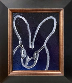 "Untitled" White Outline Bunny Black Background Diamond Dust Oil Painting Framed