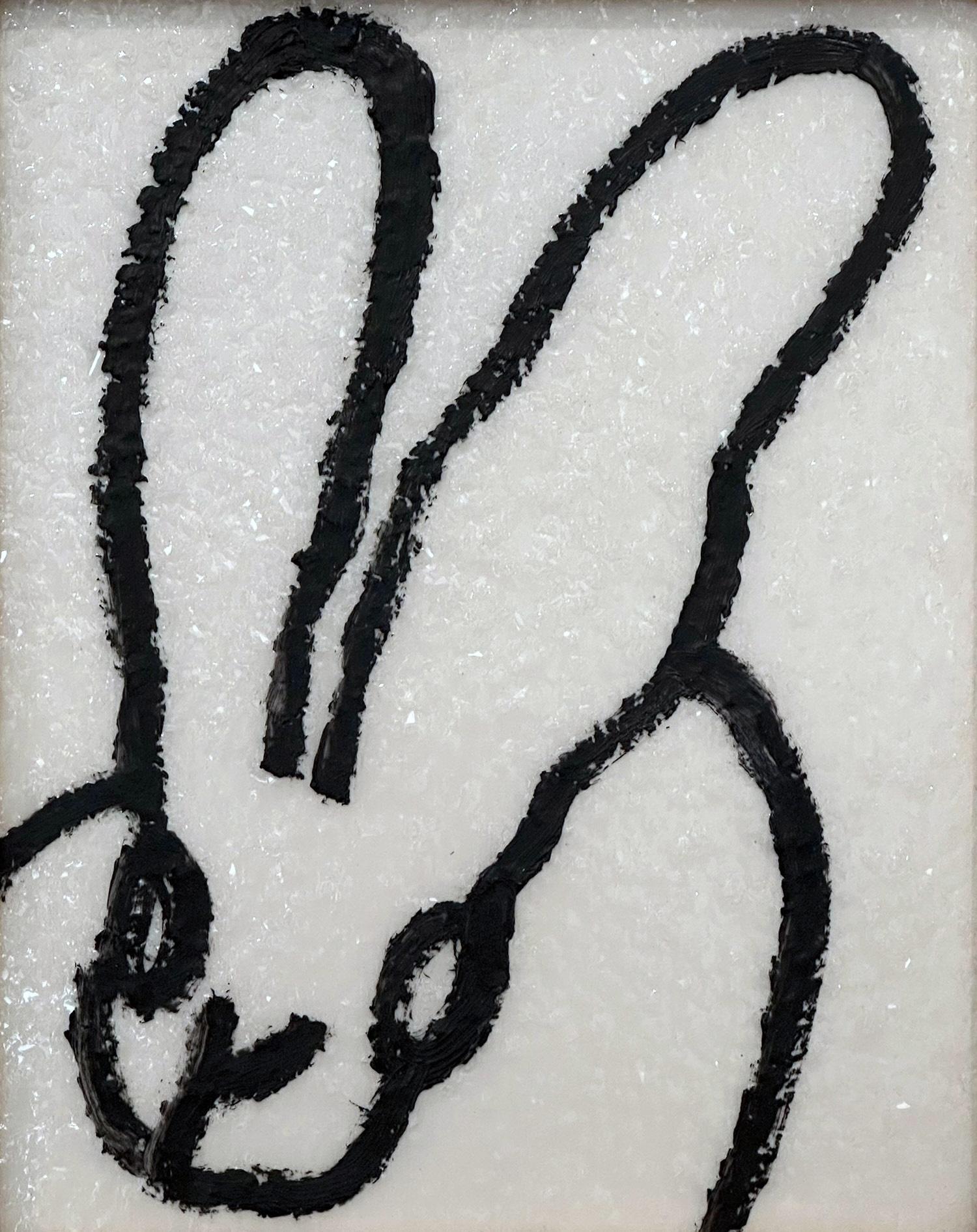 A wonderful composition of one of Slonem's most iconic subjects, Bunnies. This piece depicts a gestural figure of a black bunny on white diamond dust background with thick use of paint. Inspired by nature and a genuine love for animals, Slonem's