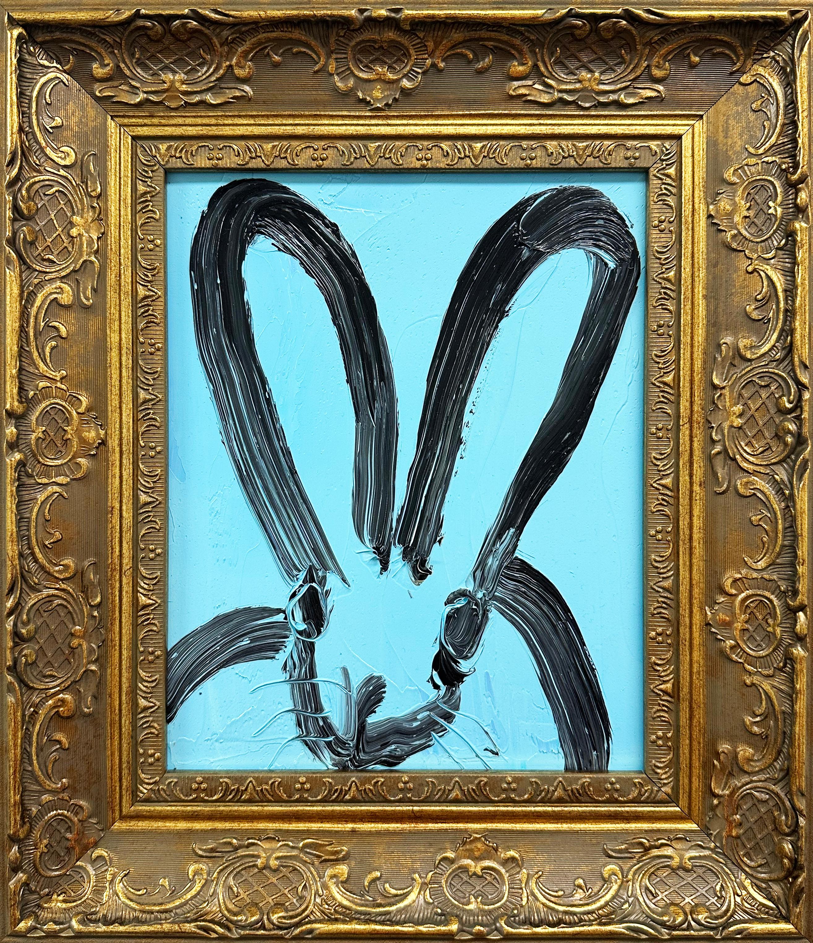 'Whisper' 2025 by Hunt Slonem. Oil on wood, 10 x 8 in. / Frame: 14.5 x 12.5 in. This painting features a vibrant teal background with Slonem's siganture bunny motif as the subject.

Considered one of the great colorists of his time, Slonem’s