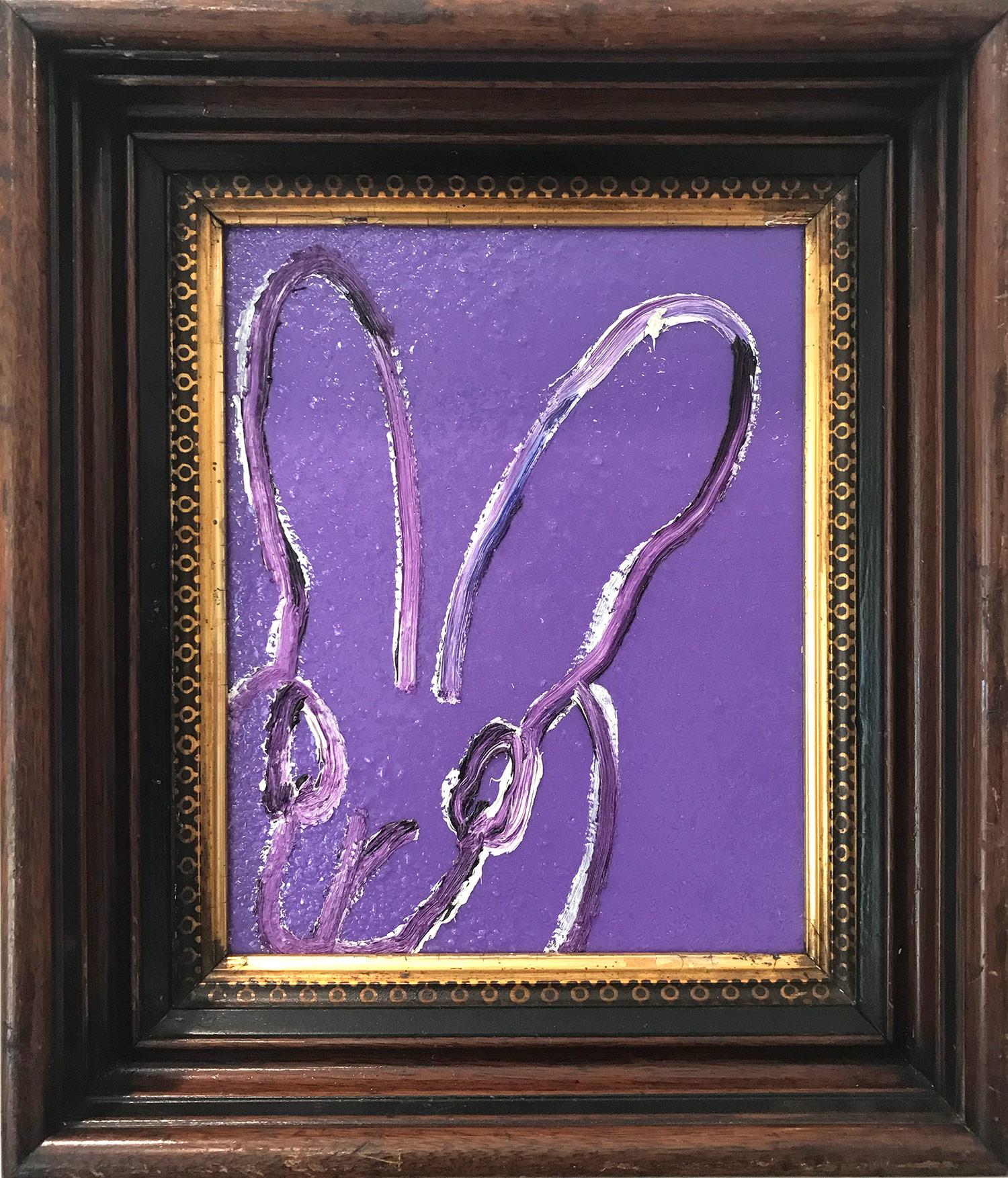 Hunt Slonem Abstract Painting - "Viola 2" (Bunny on Purple Diamond Dust Background) Oil Painting on Wood Panel