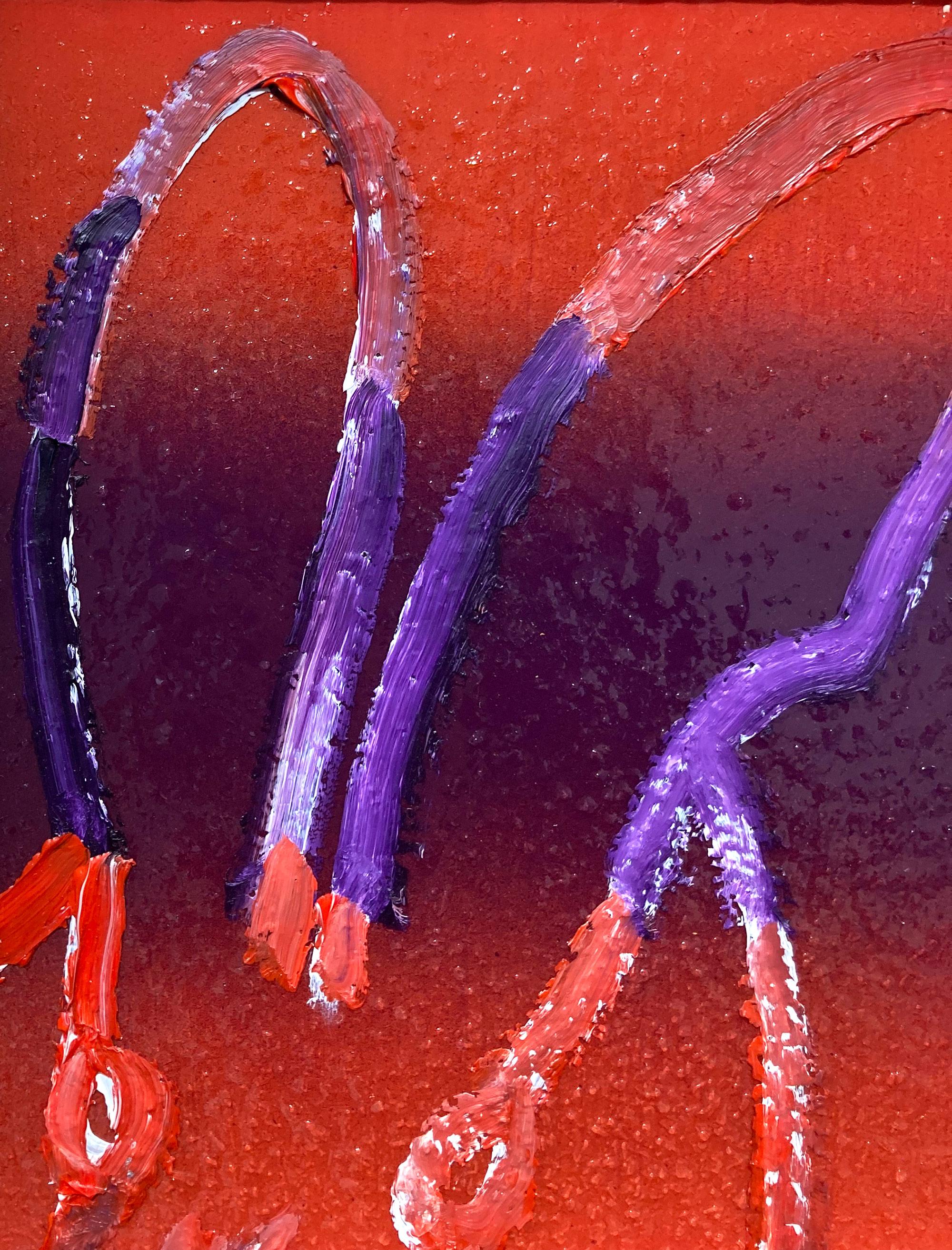 A wonderful composition of one of Slonem's most iconic subjects, Bunnies. This piece depicts a gestural figure of a bunny on an ombre red and purple resin and diamond dust background with thick use of paint. Inspired by nature and a genuine love for