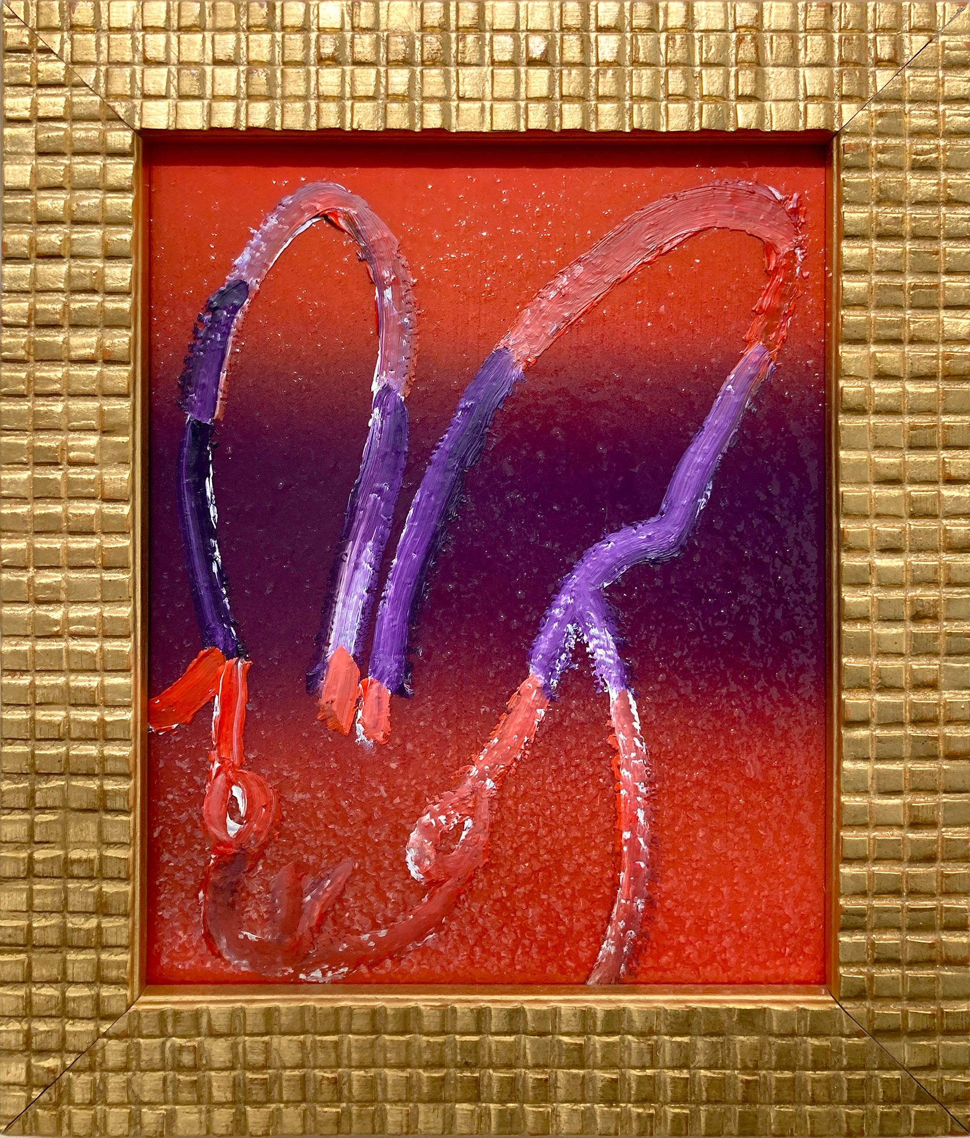 Hunt Slonem Animal Painting - "Viola" Outline Bunny on Gradient Red & Purple Background Oil Painting Framed
