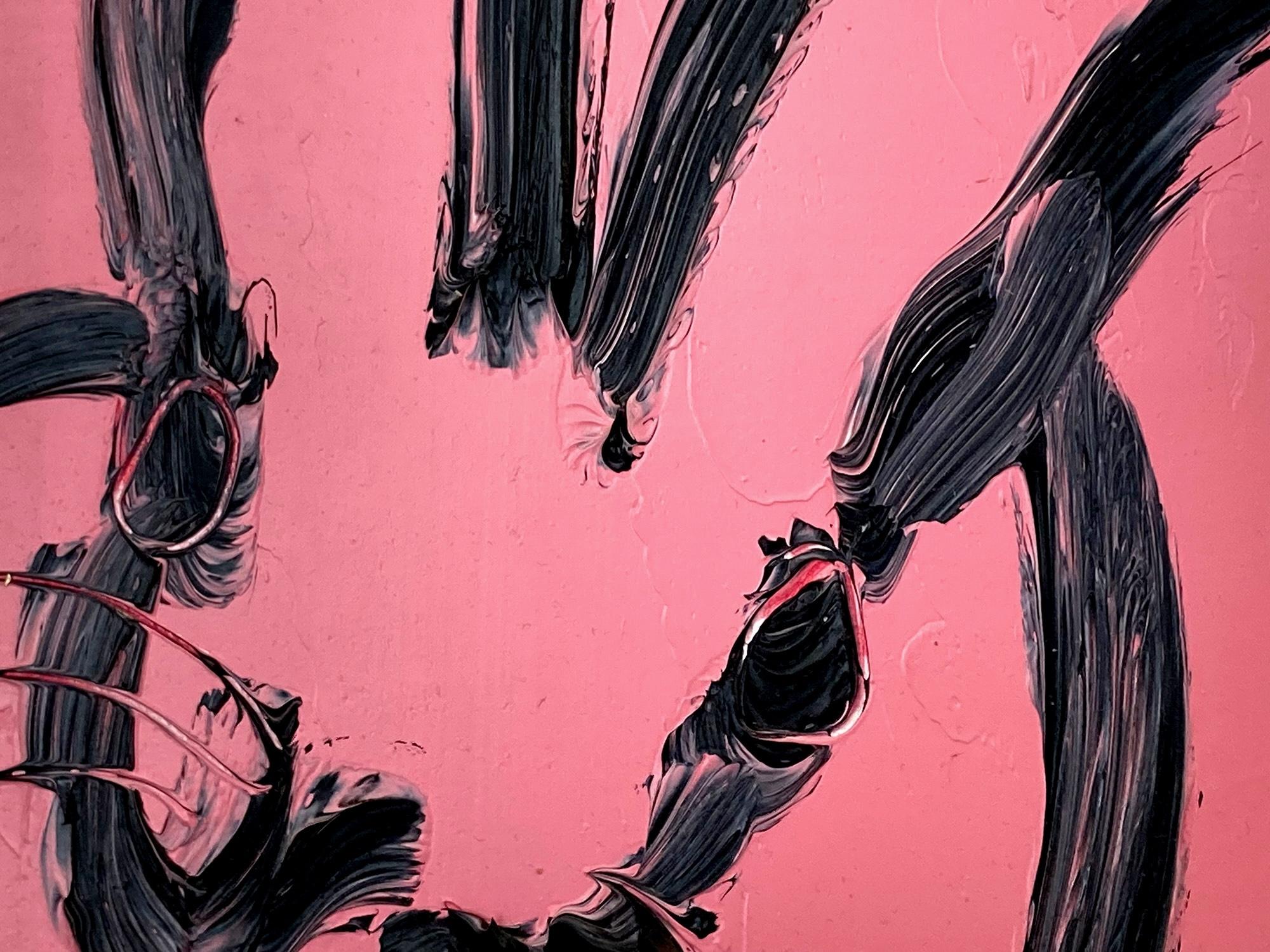 A wonderful composition of one of Slonem's most iconic subjects, Bunnies. This piece depicts a gestural figure of a black bunny on a French pink background with thick use of paint. It is housed in a wonderful antique style gold leaf frame. Inspired