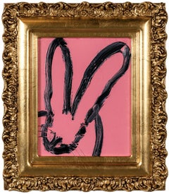 "Virgo" lapin noir sur fond rose peinture à l'huile sur panneau de bois encadrée