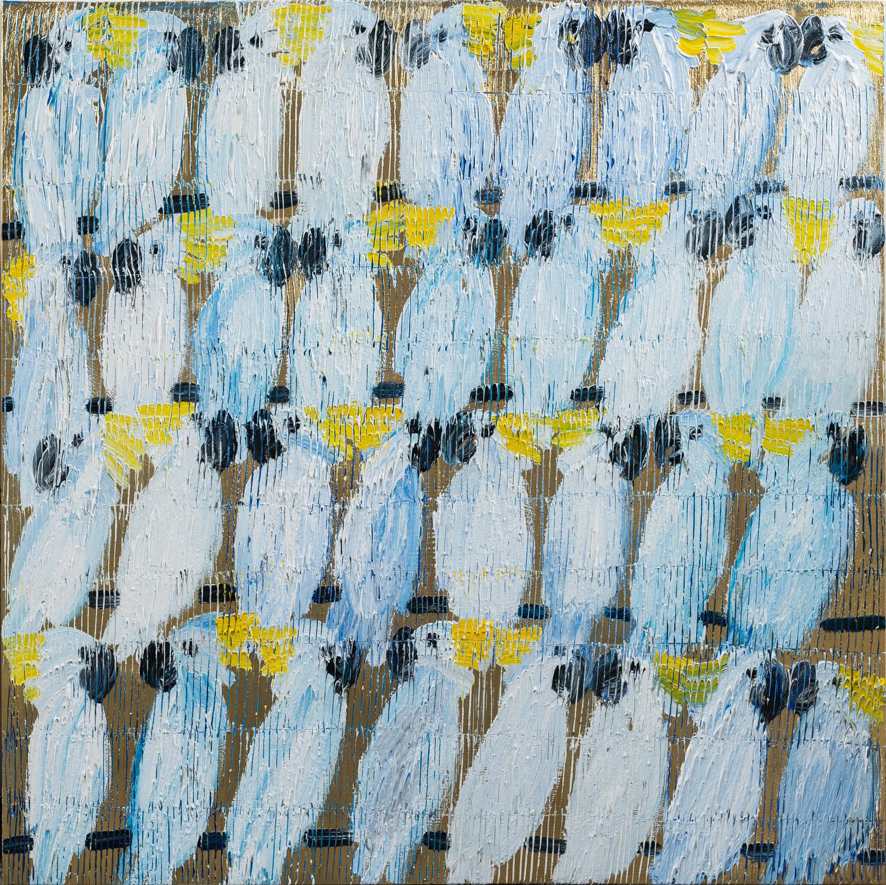 Hunt Slonem Animal Painting - "Whisper Aspen Cockatoos" White & Blue Cockatoos with Gold Background on Canvas