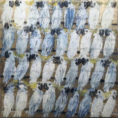 Whisperers, White and Blue Cockatoos on Gold Background