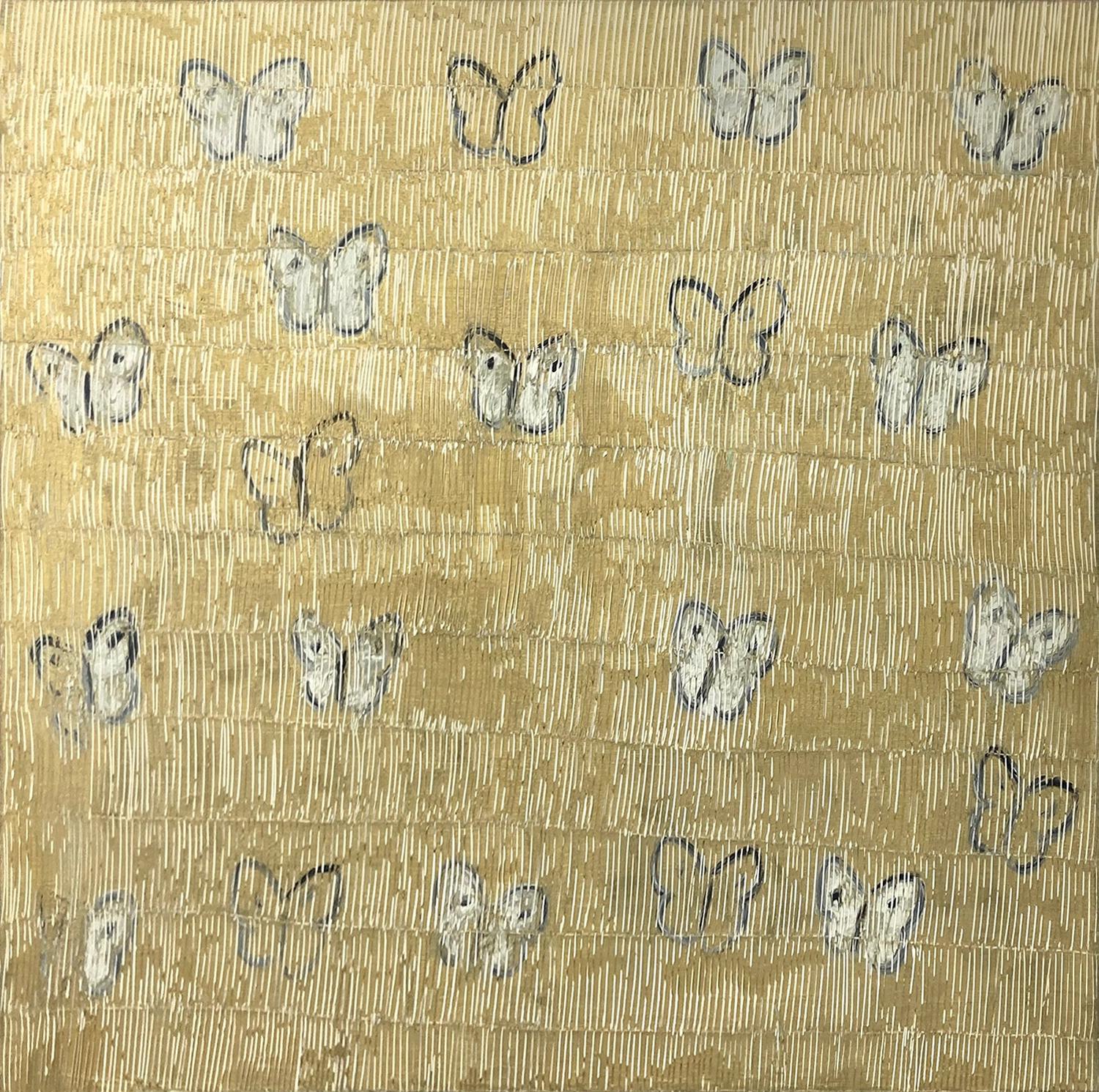 "White Ascension Northern Light" Farfalle con sfondo oro Pittura a olio su tela