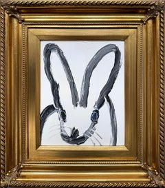 "White Bunny" Black Bunny on White Background Oil Painting on Wood Panel Framed