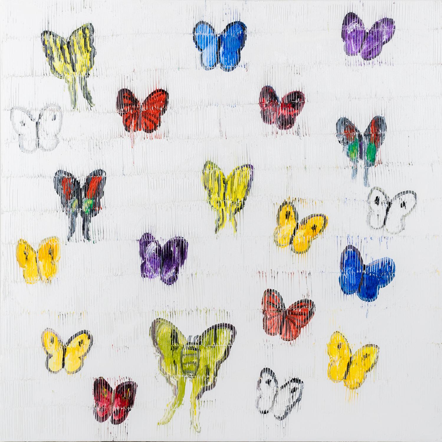 Hunt Slonem Figurative Painting - White Butterflies "Butterfly Painting" Colorful Butterflies Blue Yellow Pink