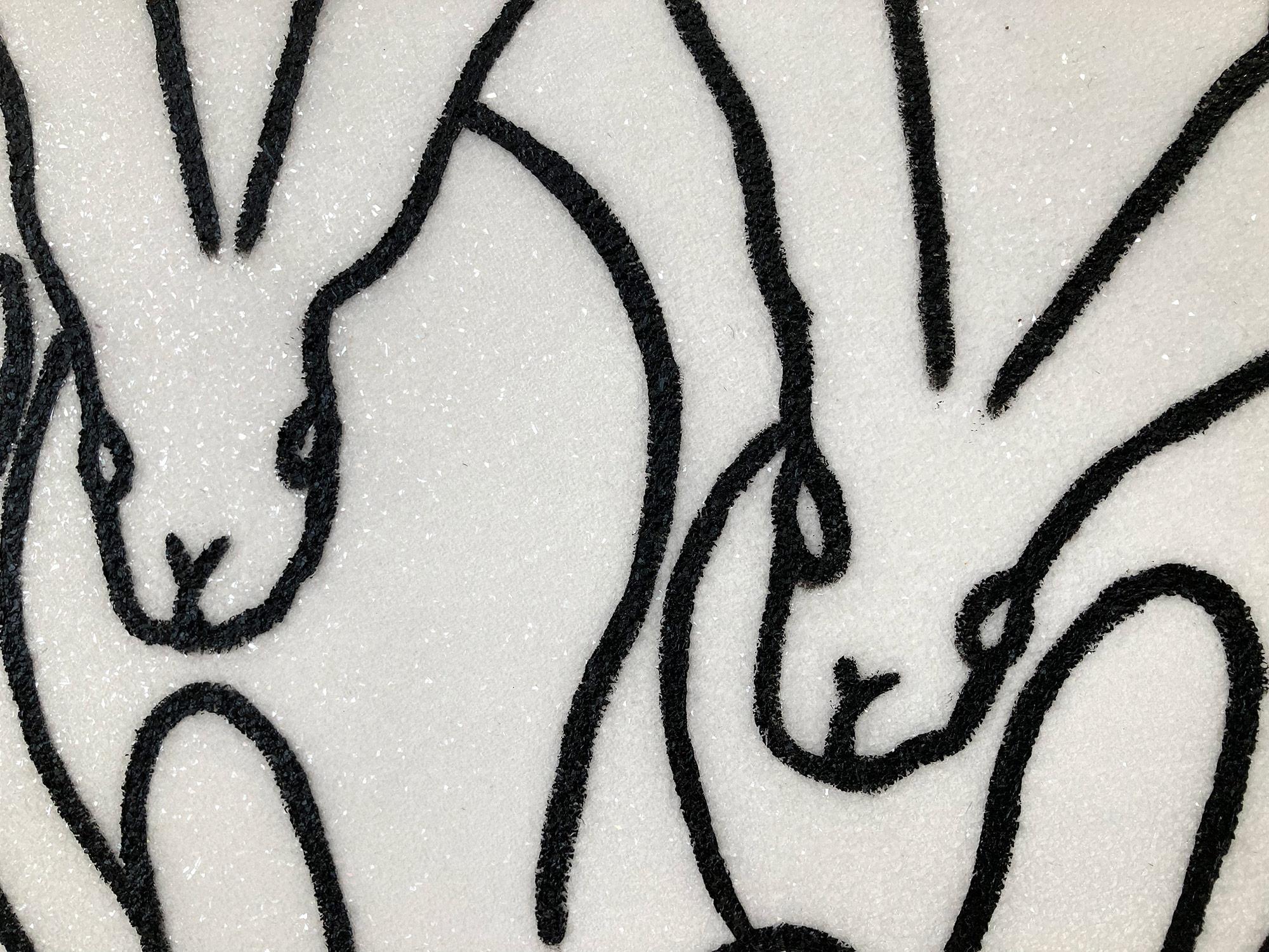 A wonderful composition of one of Slonem's most iconic subjects, Bunnies. This piece depicts gestural figures of Bunnies against a white background with Diamond Dust. The color white symbolizes safety, purity, and cleanliness. This magnificent color