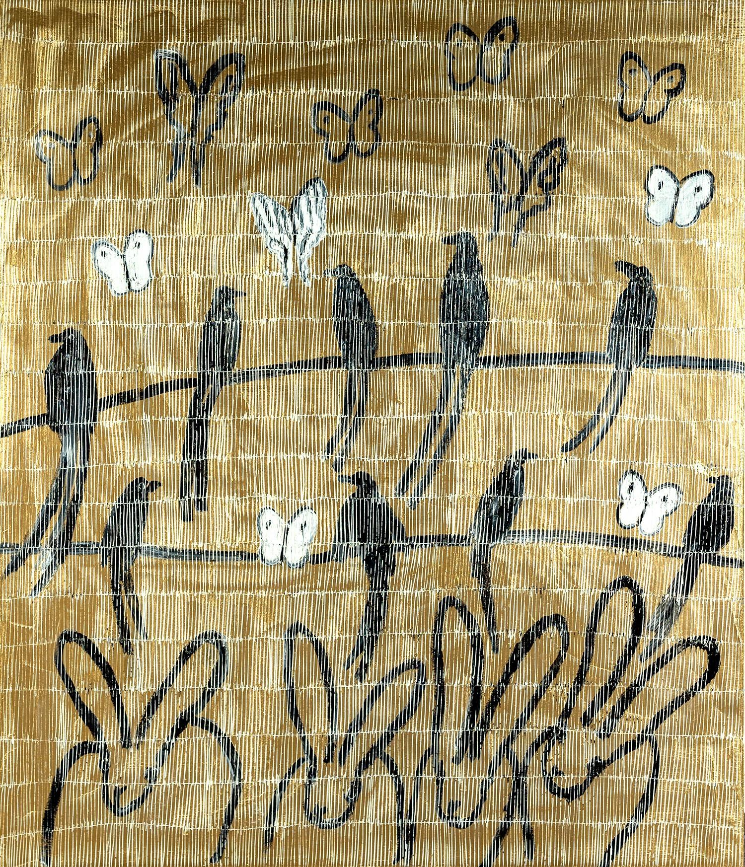 "Whydah" Coniglietti neri, uccelli e farfalle su sfondo dorato Pittura a olio