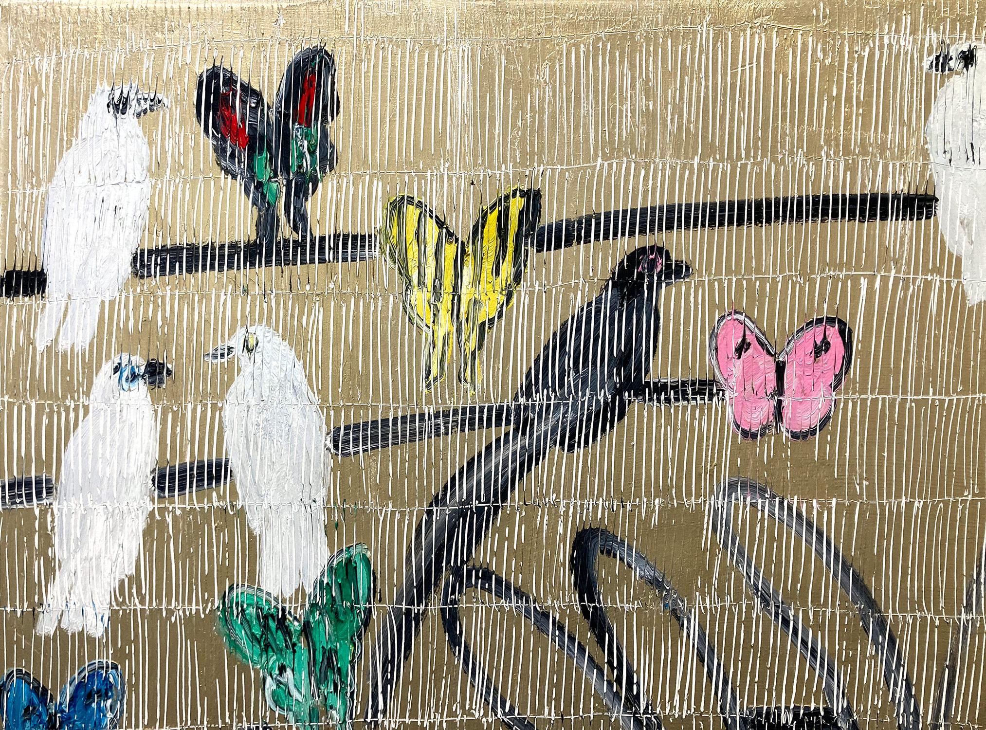 „Whydah in Season“ Vögel, Hasen und Schmetterlinge auf goldenem Hintergrund, Ölgemälde – Painting von Hunt Slonem