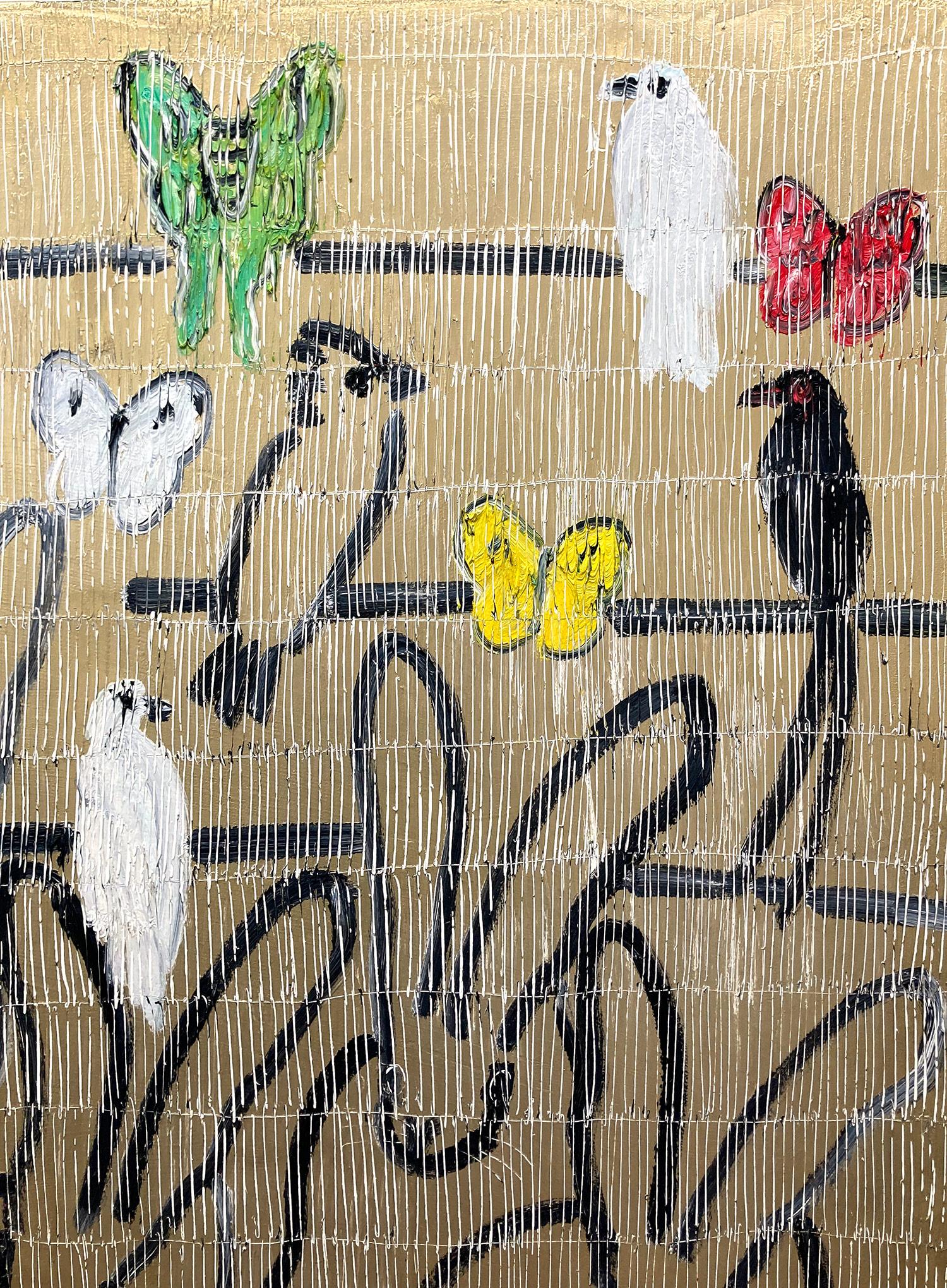 „Whydah in Season“ Vögel, Hasen und Schmetterlinge auf goldenem Hintergrund, Ölgemälde (Neue Wilde), Painting, von Hunt Slonem
