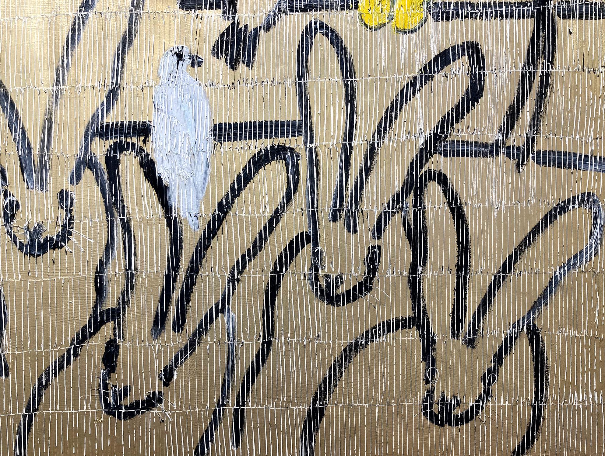 „Whydah in Season“ Vögel, Hasen und Schmetterlinge auf goldenem Hintergrund, Ölgemälde (Gold), Animal Painting, von Hunt Slonem
