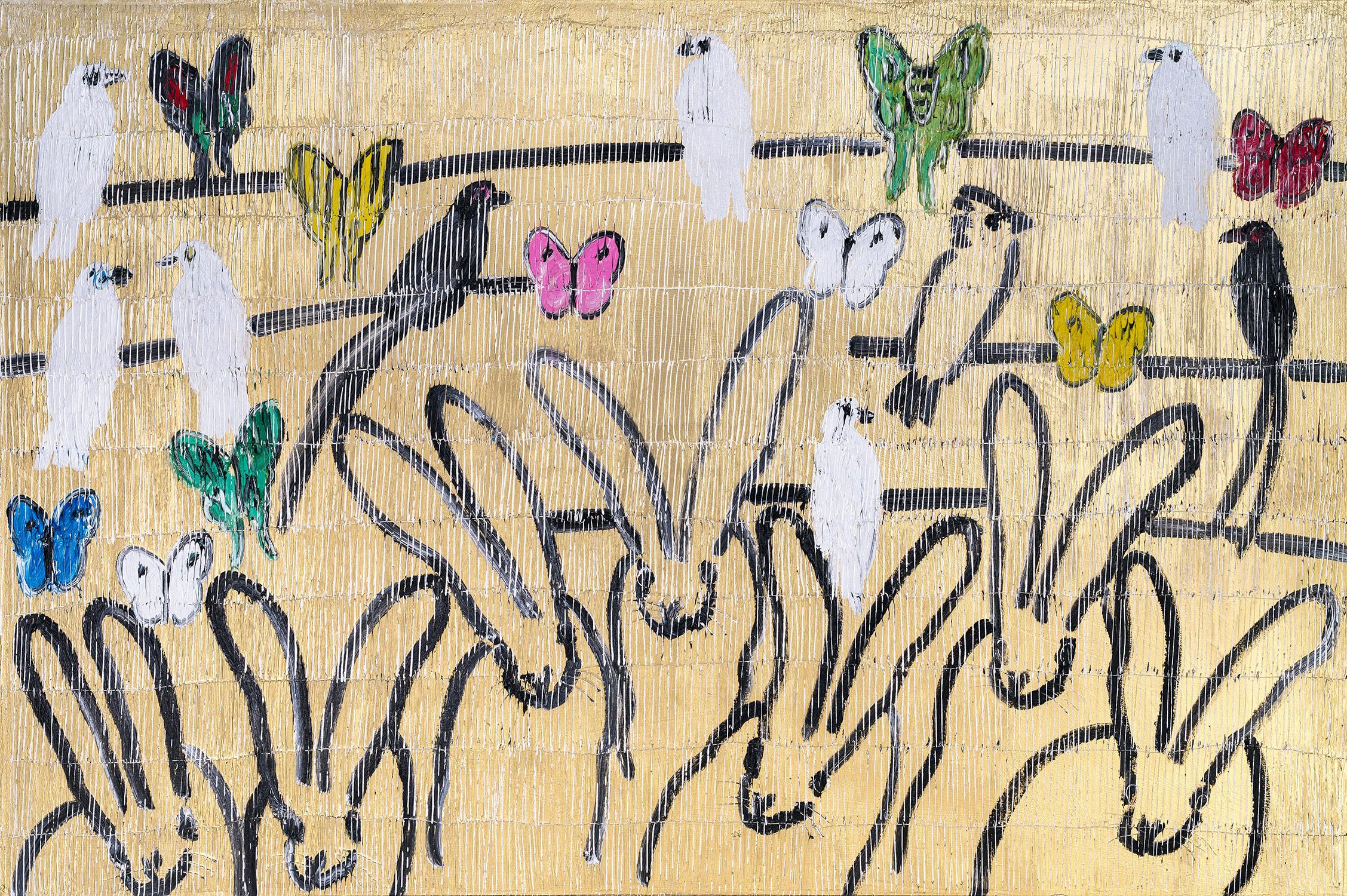 Hunt Slonem Animal Painting – „Whydah in Season“ Vögel, Hasen und Schmetterlinge auf goldenem Hintergrund, Ölgemälde