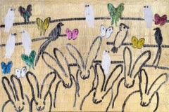 "Whydah in Season" Birds, Bunnies & Butterflies on Gold Background Oil Painting