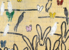 "Whydahs & Doves" Bunnies, Birds & Butterflies on Gold Background Oil Painting