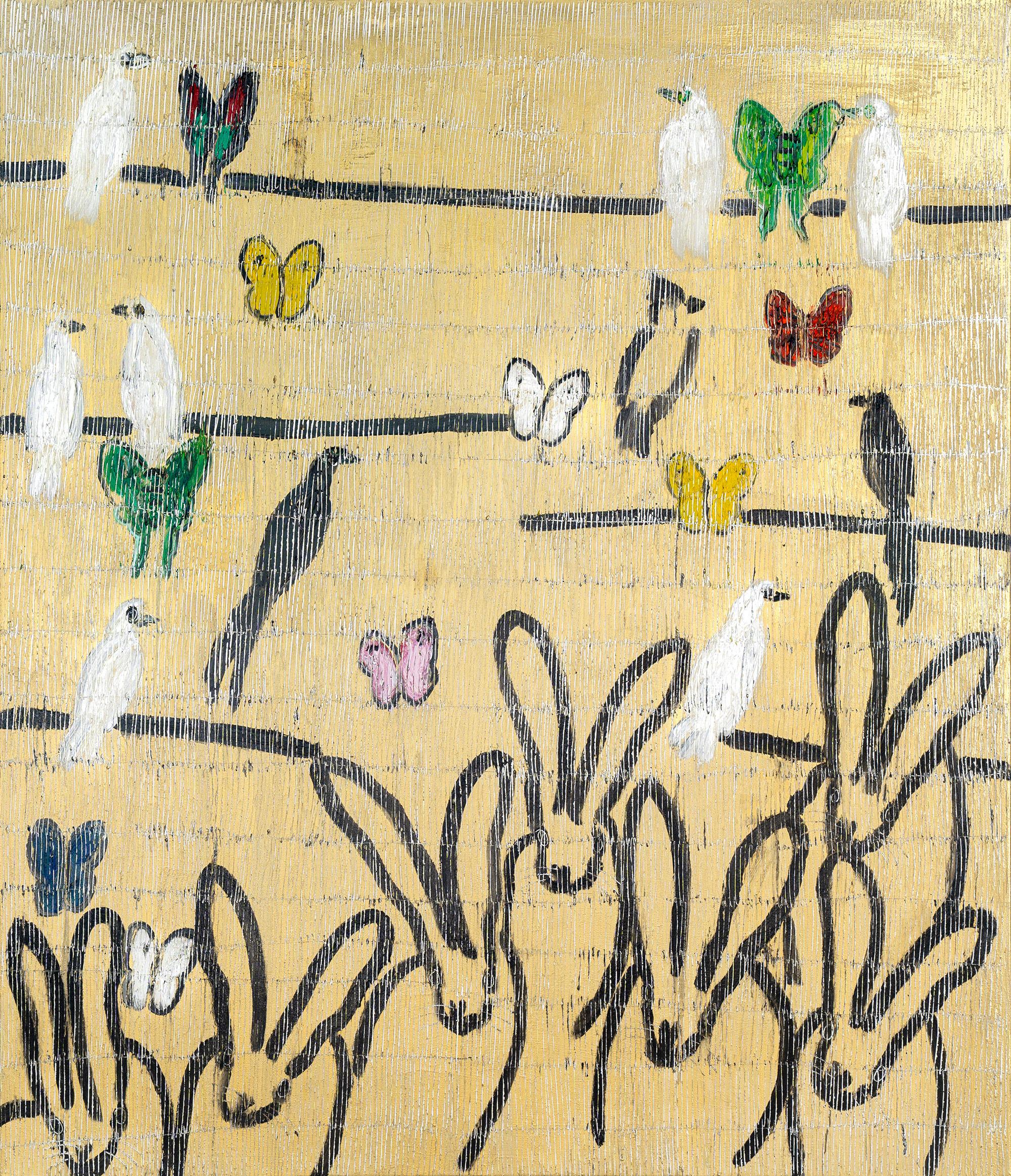 "Whydahs & Doves" Bunnies, Birds & Butterflies on Gold Background Oil Painting