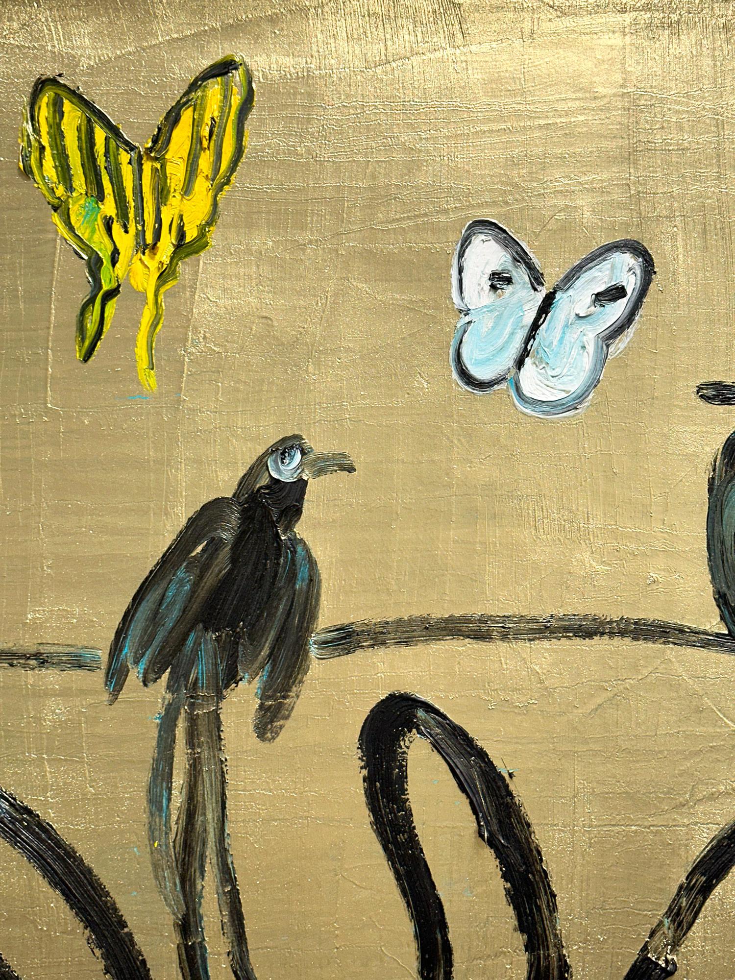 Peinture à l'huile « Whydahs Longtail » représentant des lapins, des oiseaux et des papillons sur fond doré en vente 6