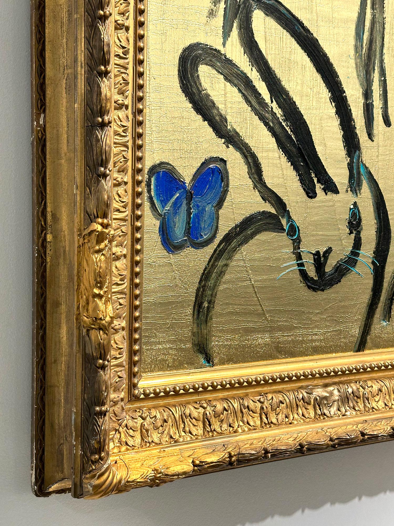 Peinture à l'huile « Whydahs Longtail » représentant des lapins, des oiseaux et des papillons sur fond doré en vente 7
