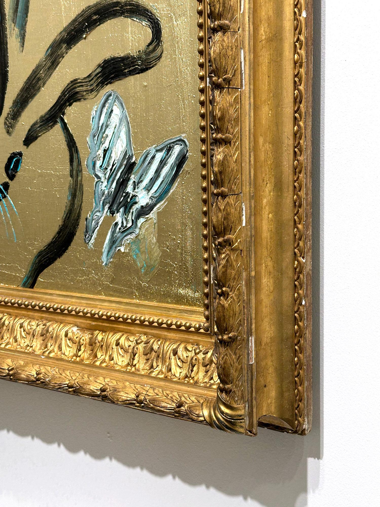 Peinture à l'huile « Whydahs Longtail » représentant des lapins, des oiseaux et des papillons sur fond doré en vente 9