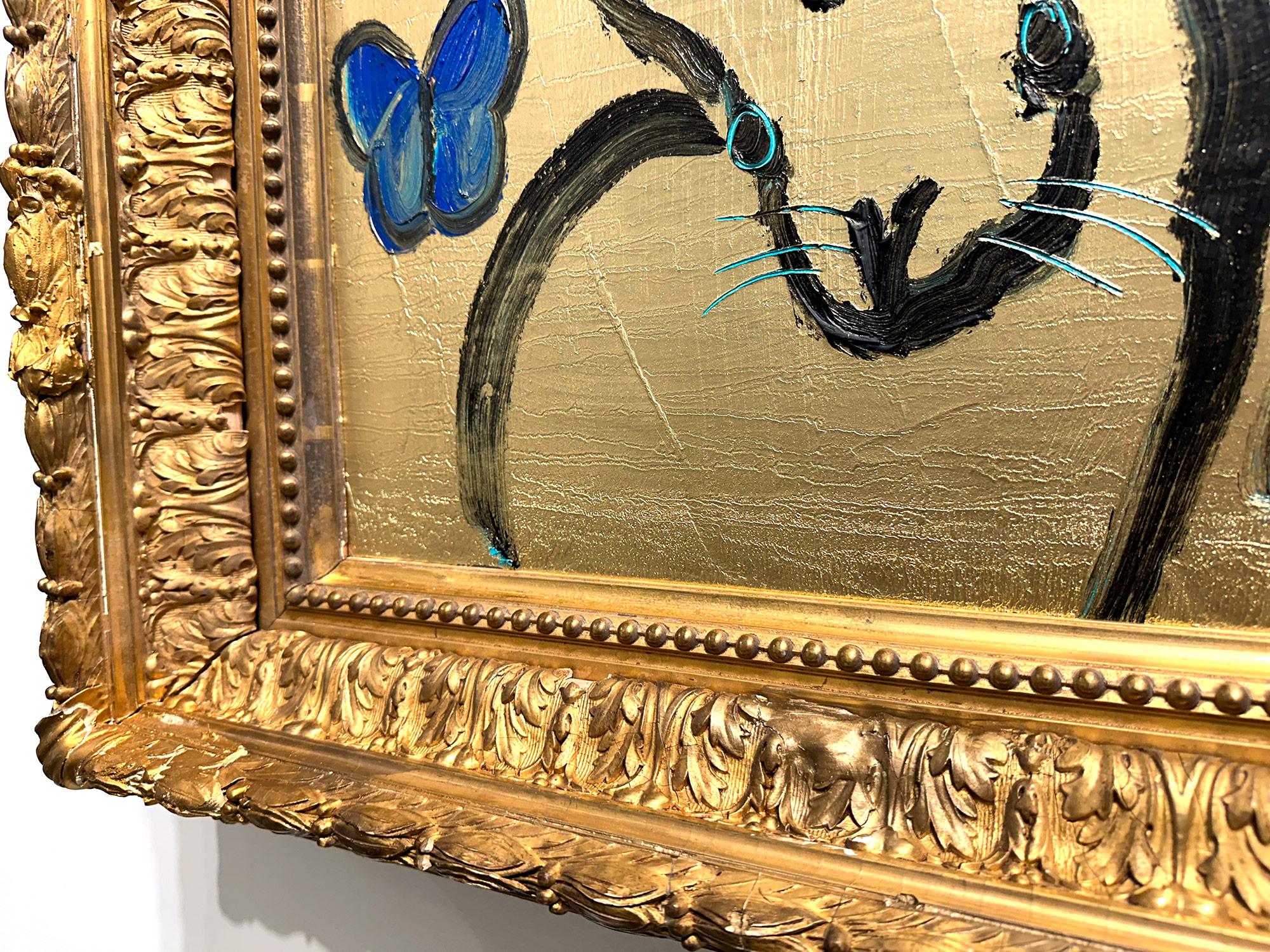 Peinture à l'huile « Whydahs Longtail » représentant des lapins, des oiseaux et des papillons sur fond doré en vente 11