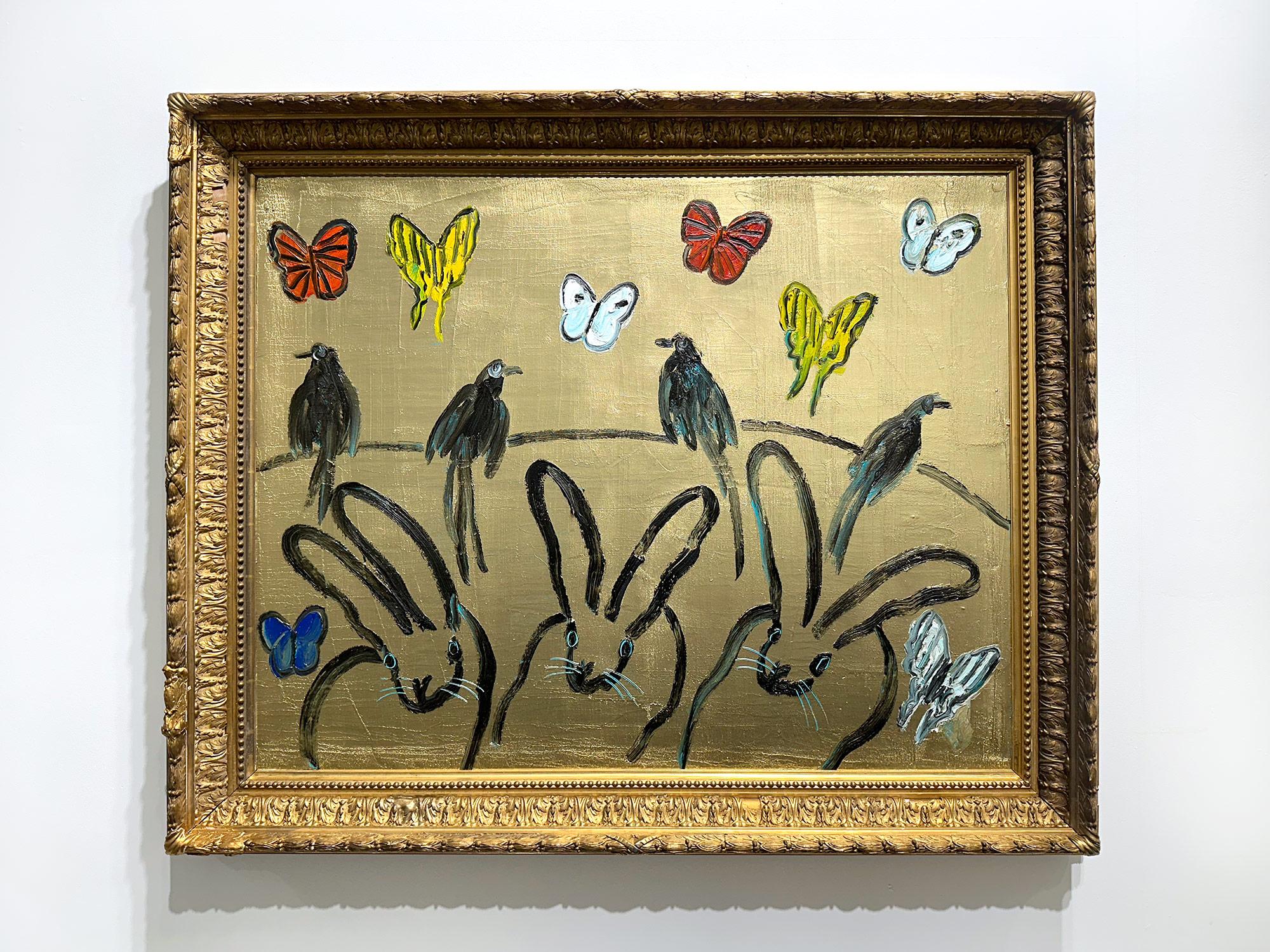 Peinture à l'huile « Whydahs Longtail » représentant des lapins, des oiseaux et des papillons sur fond doré en vente 13