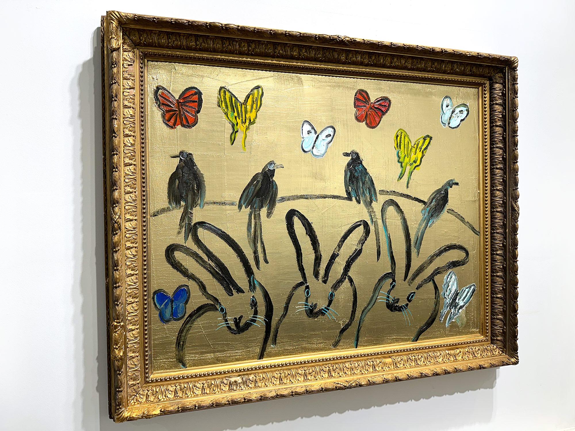 Peinture à l'huile « Whydahs Longtail » représentant des lapins, des oiseaux et des papillons sur fond doré en vente 15