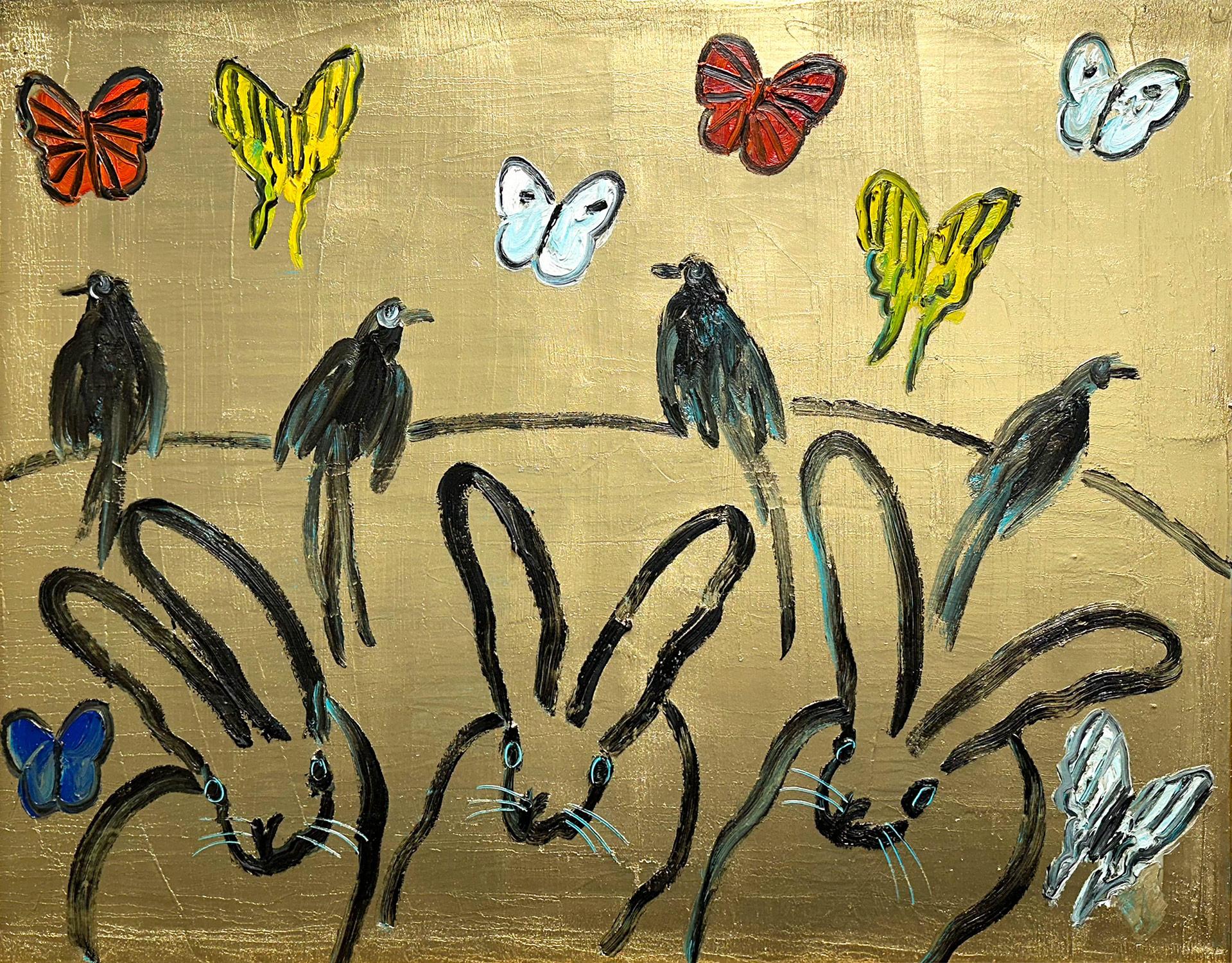 A wonderful composition of one of Slonem's most iconic subjects, Bunnies, Butterflies and Birds. This piece depicts  gestural figures of 3 blue eyed Bunnies, 8 multicolor Butterflies and 4 black Long-tailed Paradise Whydah Birds against a rich