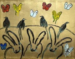 "Whydahs Longtail" Bunnies, Birds & Butterflies on Gold Background Oil Painting