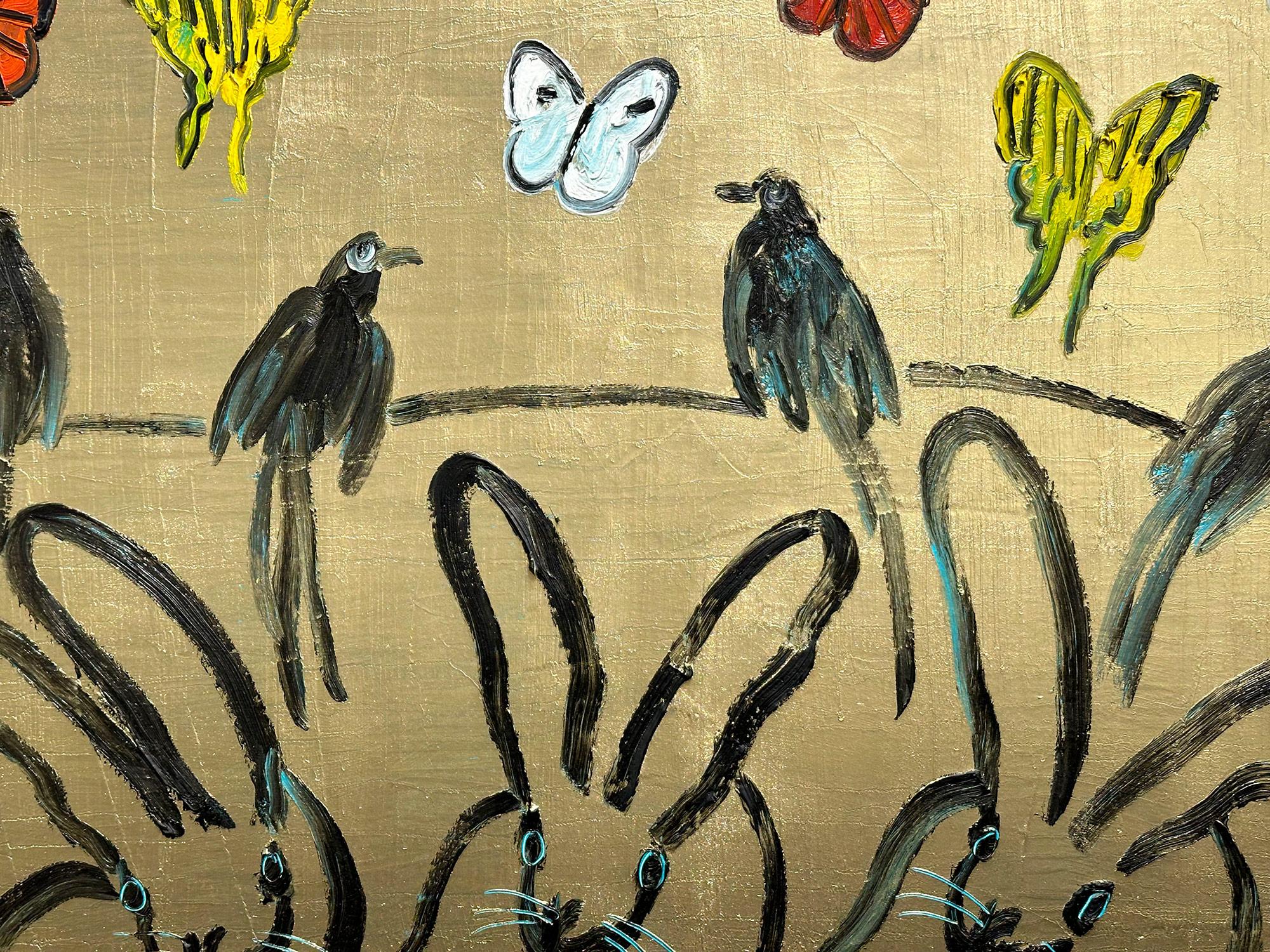 Peinture à l'huile « Whydahs Longtail » représentant des lapins, des oiseaux et des papillons sur fond doré - Néo-expressionnisme Painting par Hunt Slonem