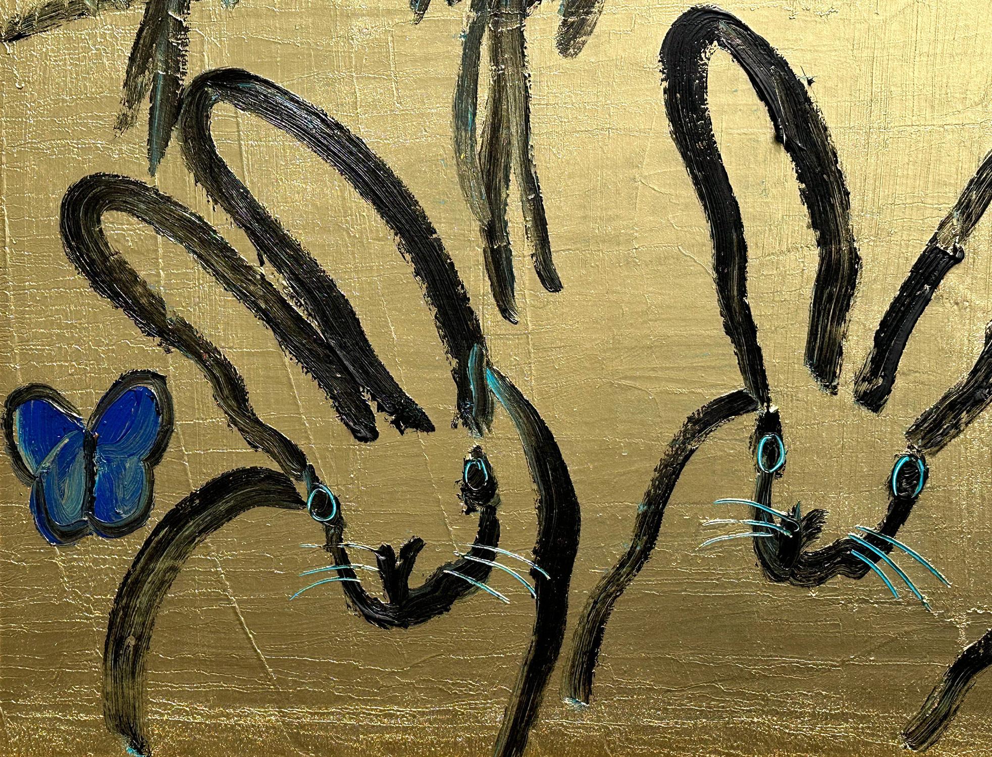 Peinture à l'huile « Whydahs Longtail » représentant des lapins, des oiseaux et des papillons sur fond doré en vente 1