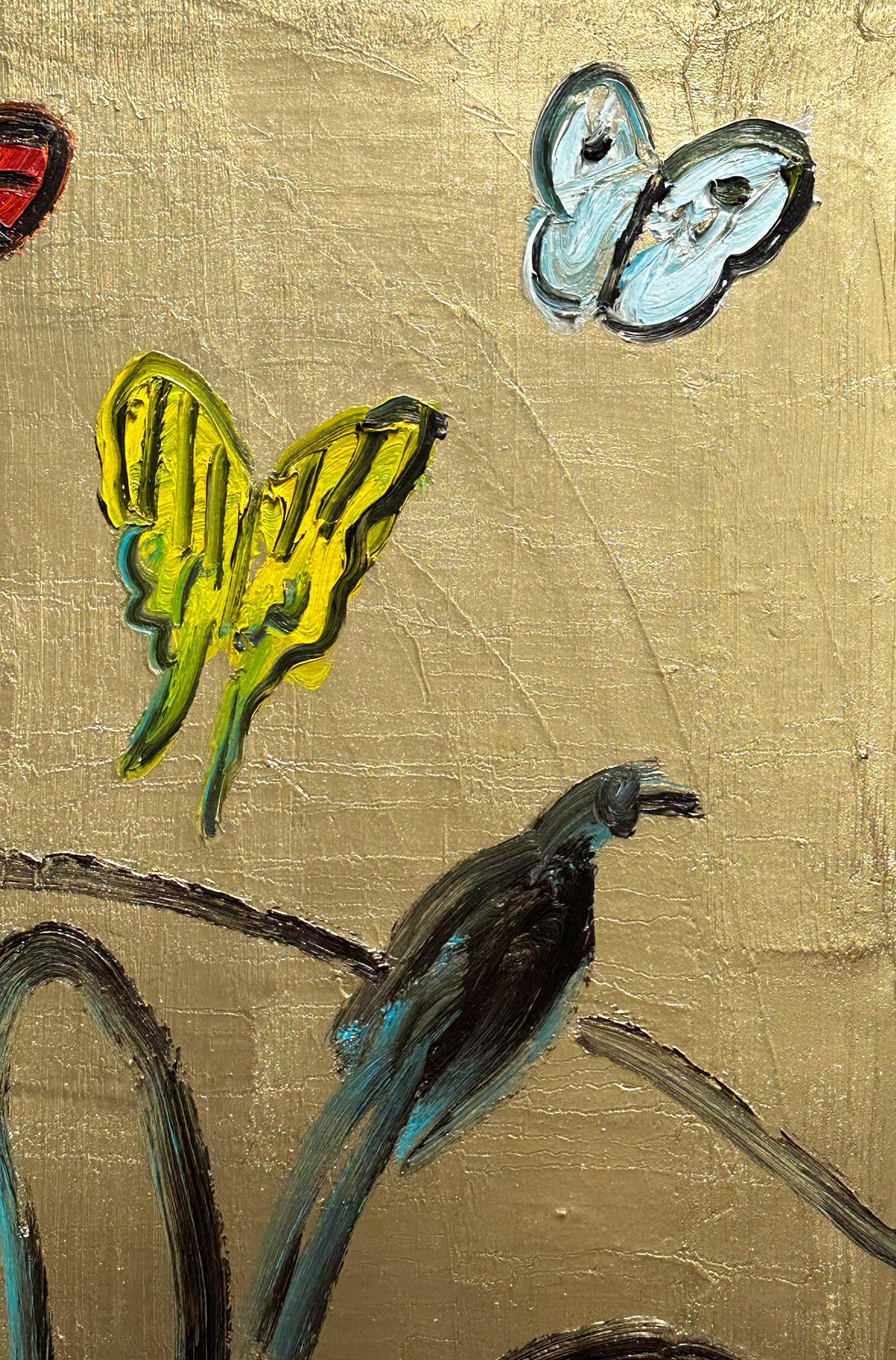 „Whydahs Longtail“ Hasen, Vögel und Schmetterlinge auf goldenem Hintergrund, Ölgemälde im Angebot 2