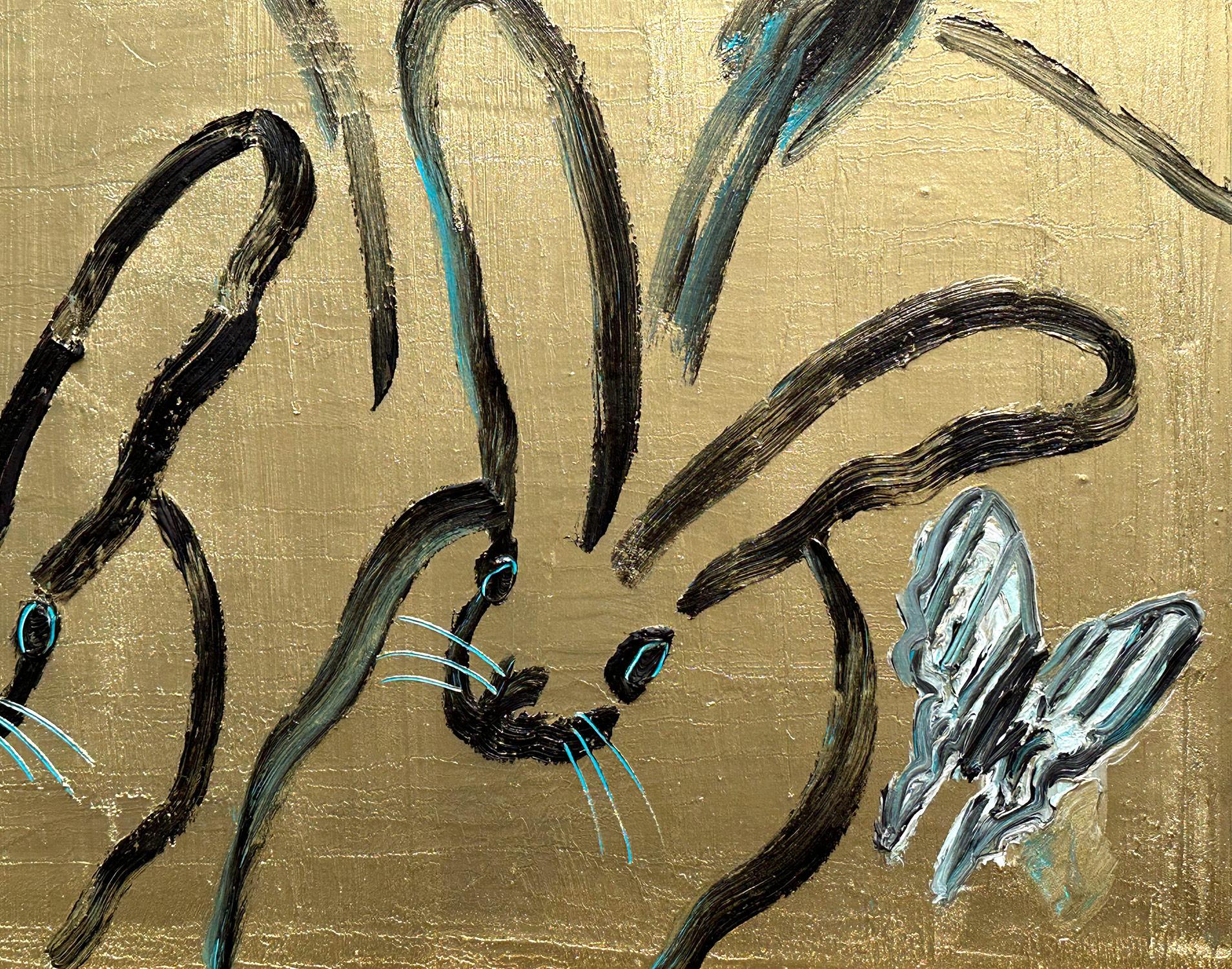 Peinture à l'huile « Whydahs Longtail » représentant des lapins, des oiseaux et des papillons sur fond doré en vente 3