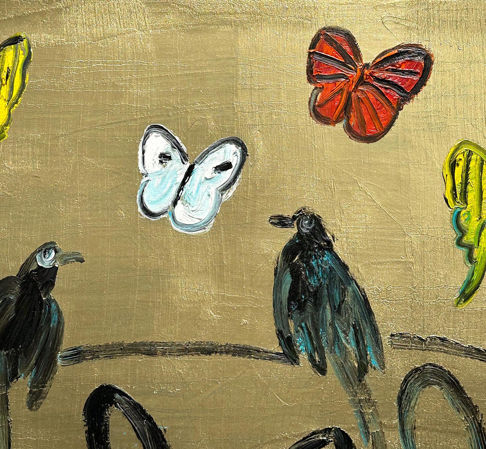 Peinture à l'huile « Whydahs Longtail » représentant des lapins, des oiseaux et des papillons sur fond doré en vente 4