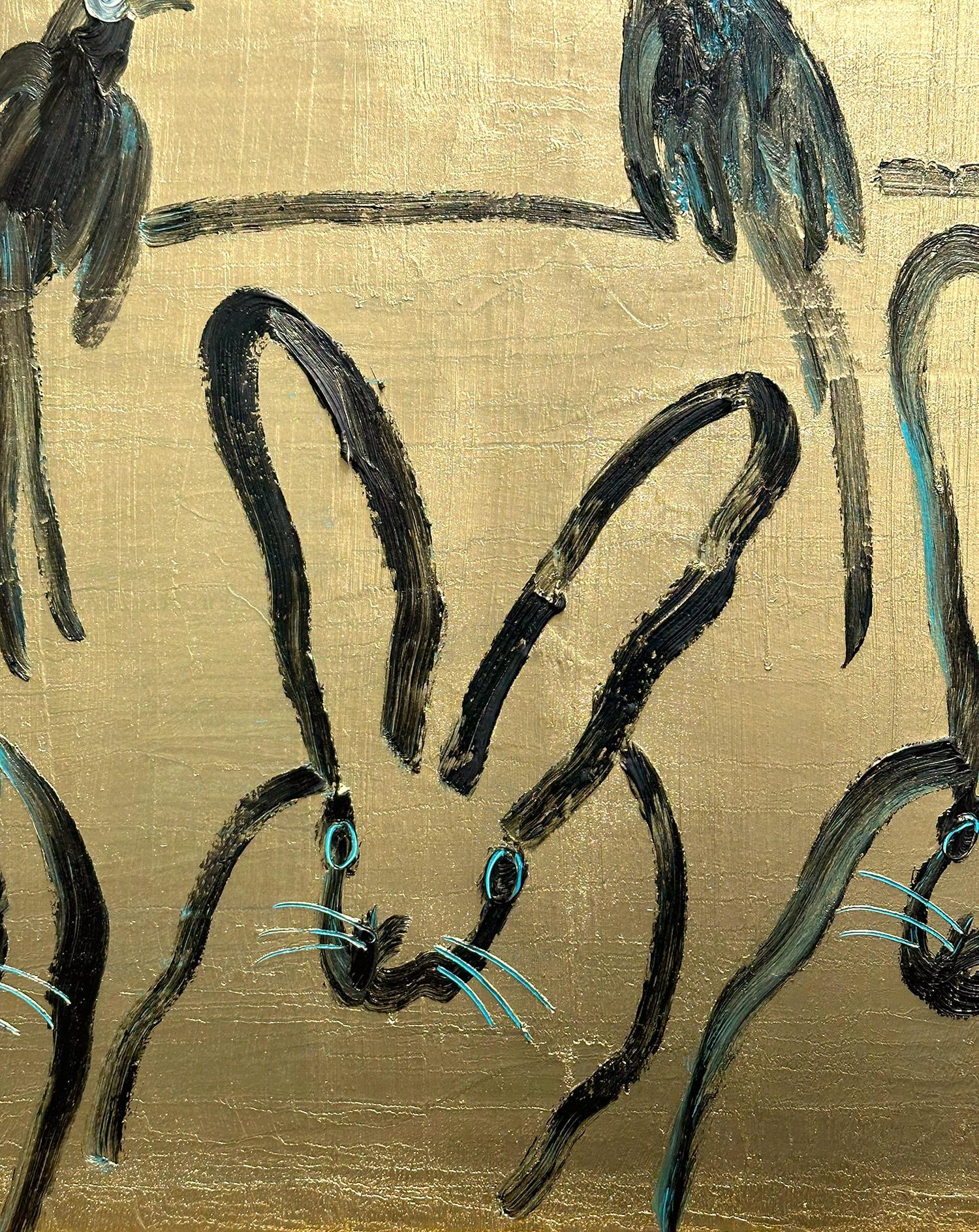 Peinture à l'huile « Whydahs Longtail » représentant des lapins, des oiseaux et des papillons sur fond doré en vente 5