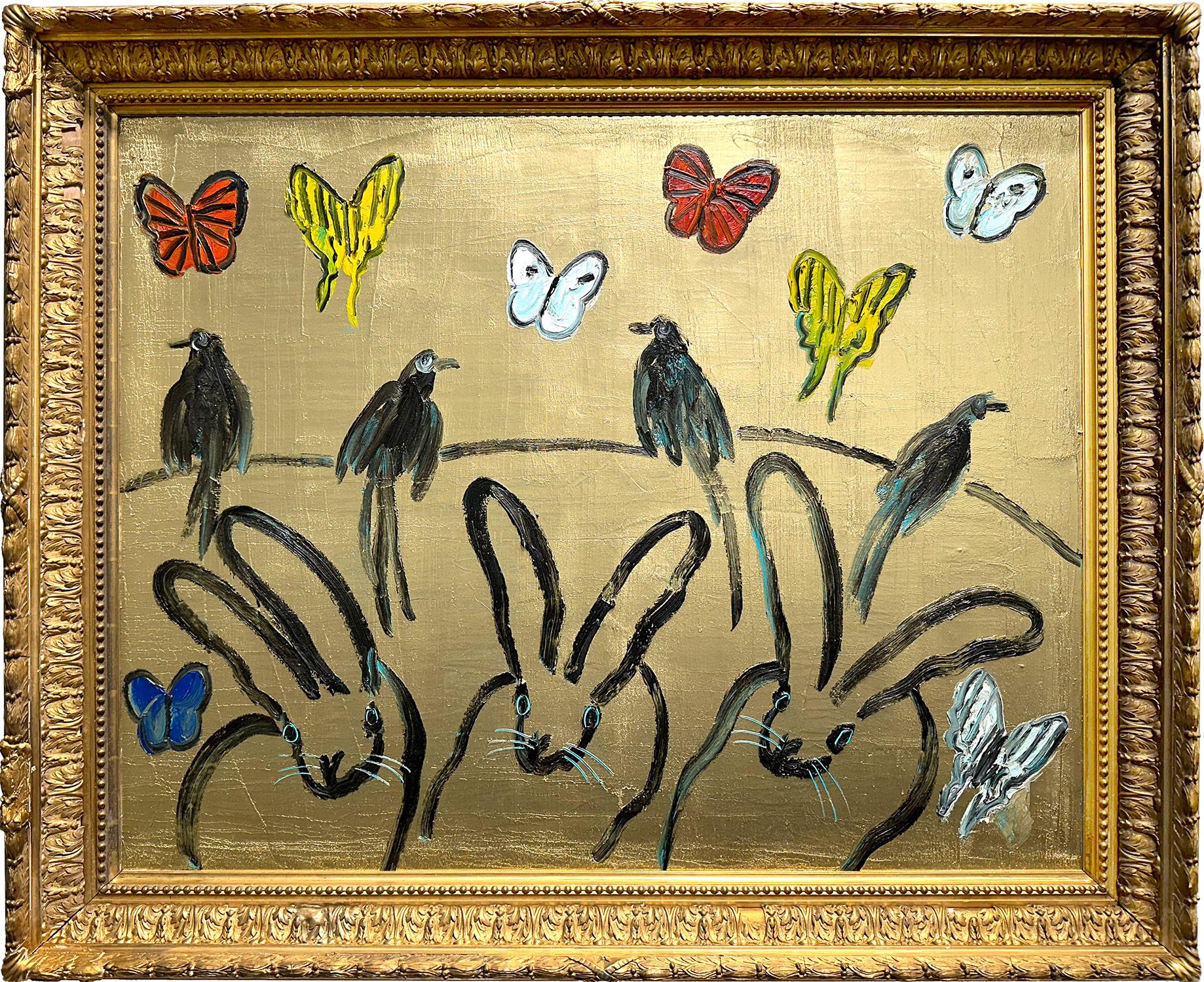 Hunt Slonem Abstract Painting – „Whydahs Longtail“ Hasen, Vögel und Schmetterlinge auf goldenem Hintergrund, Ölgemälde